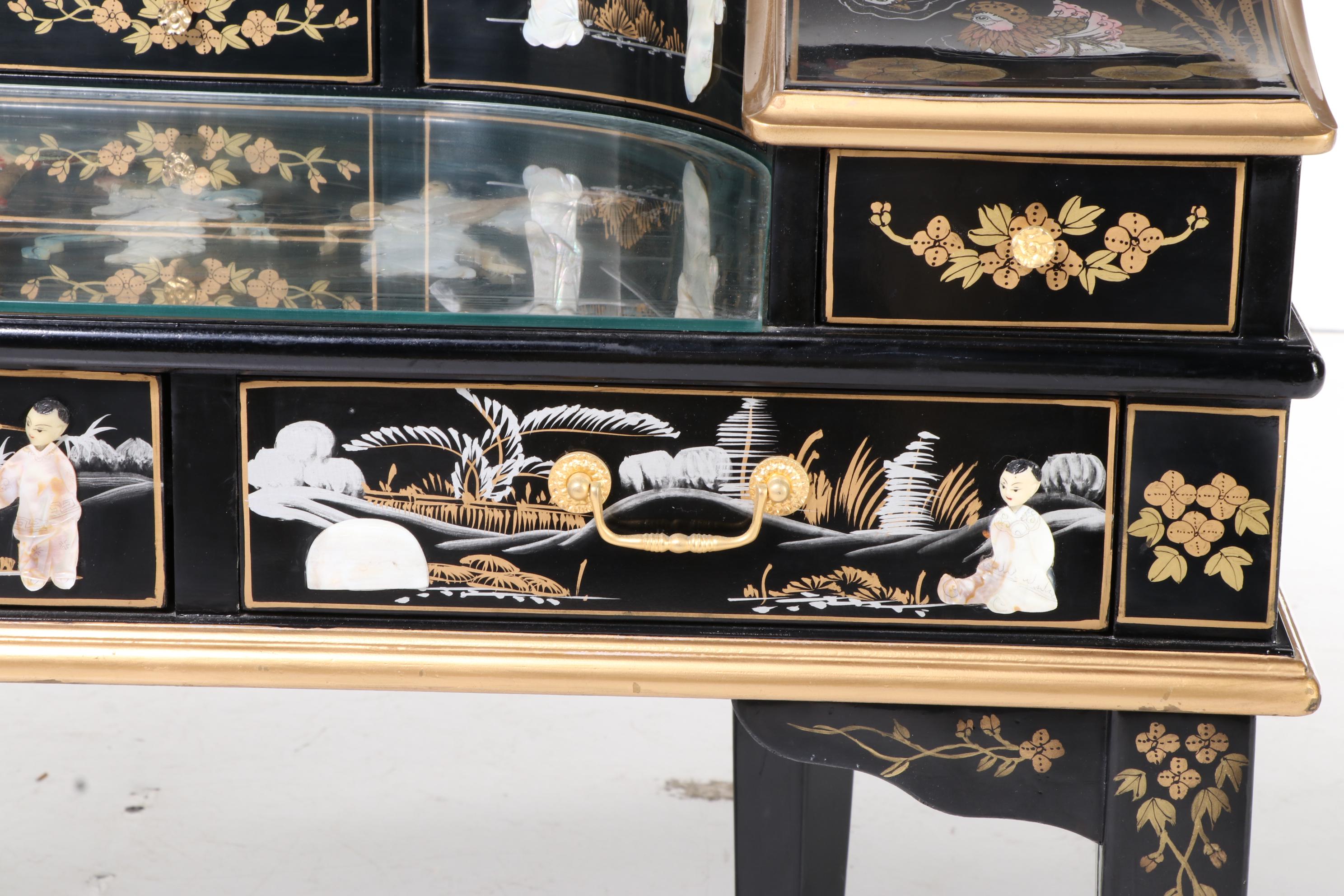 Chinese Black Lacquered and Mother-of-Pearl Inlaid Harpsichord Desk with Chair