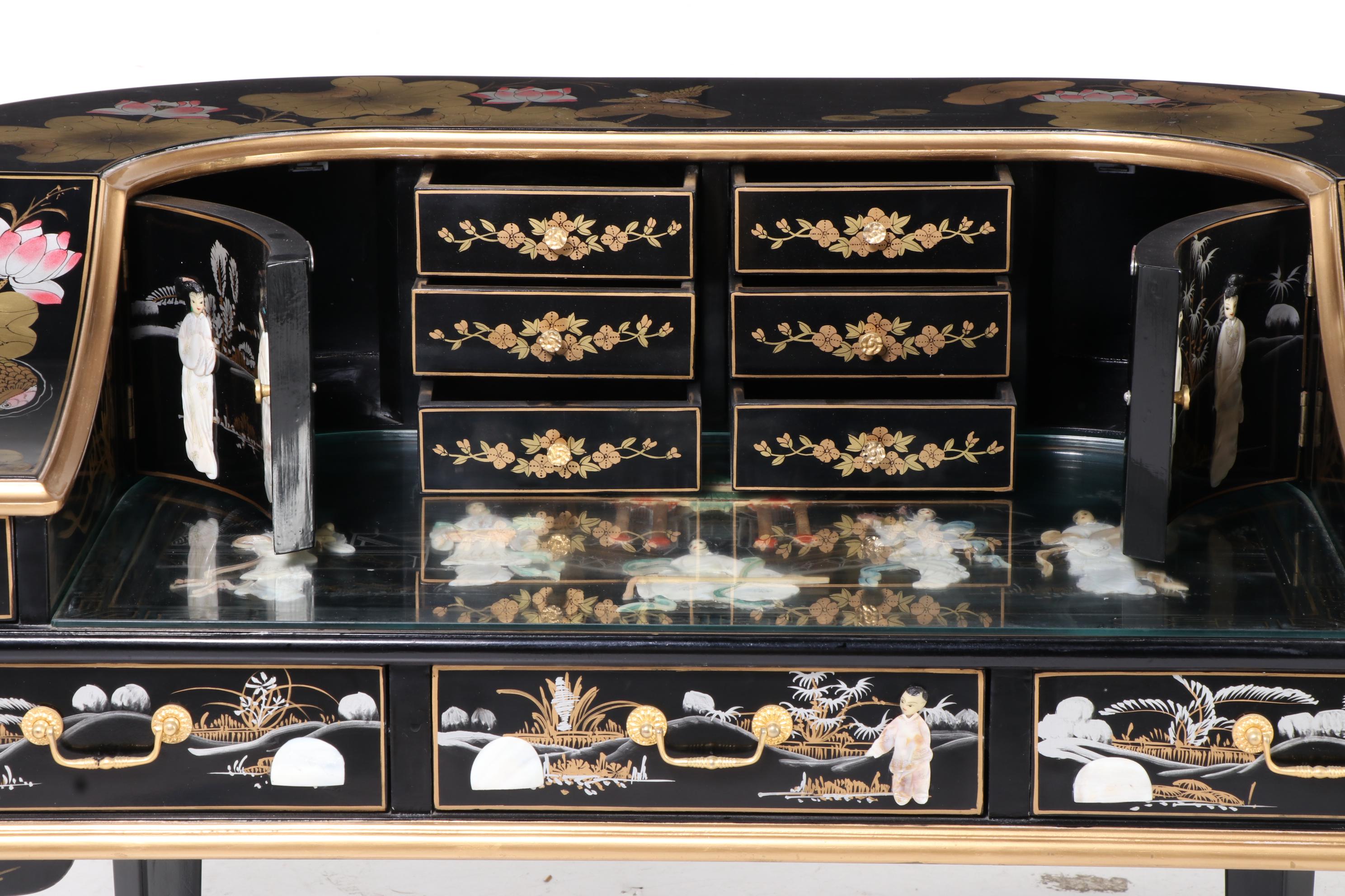 Chinese Black Lacquered and Mother-of-Pearl Inlaid Harpsichord Desk with Chair