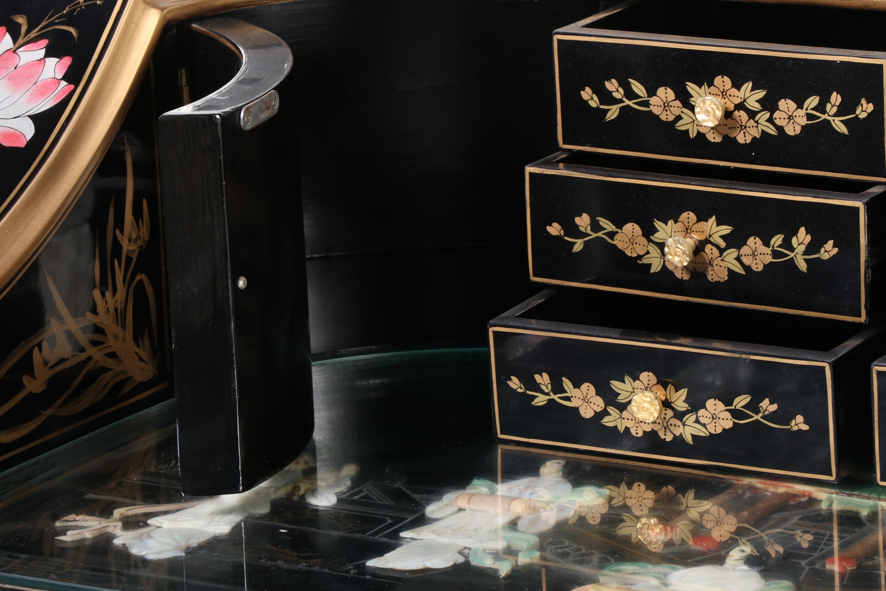 Chinese Black Lacquered and Mother-of-Pearl Inlaid Harpsichord Desk with Chair