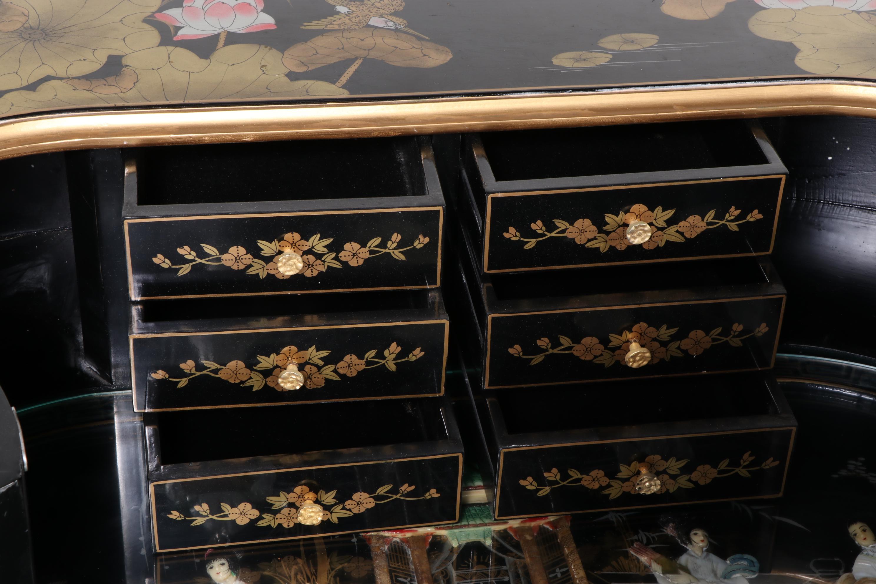 Chinese Black Lacquered and Mother-of-Pearl Inlaid Harpsichord Desk with Chair