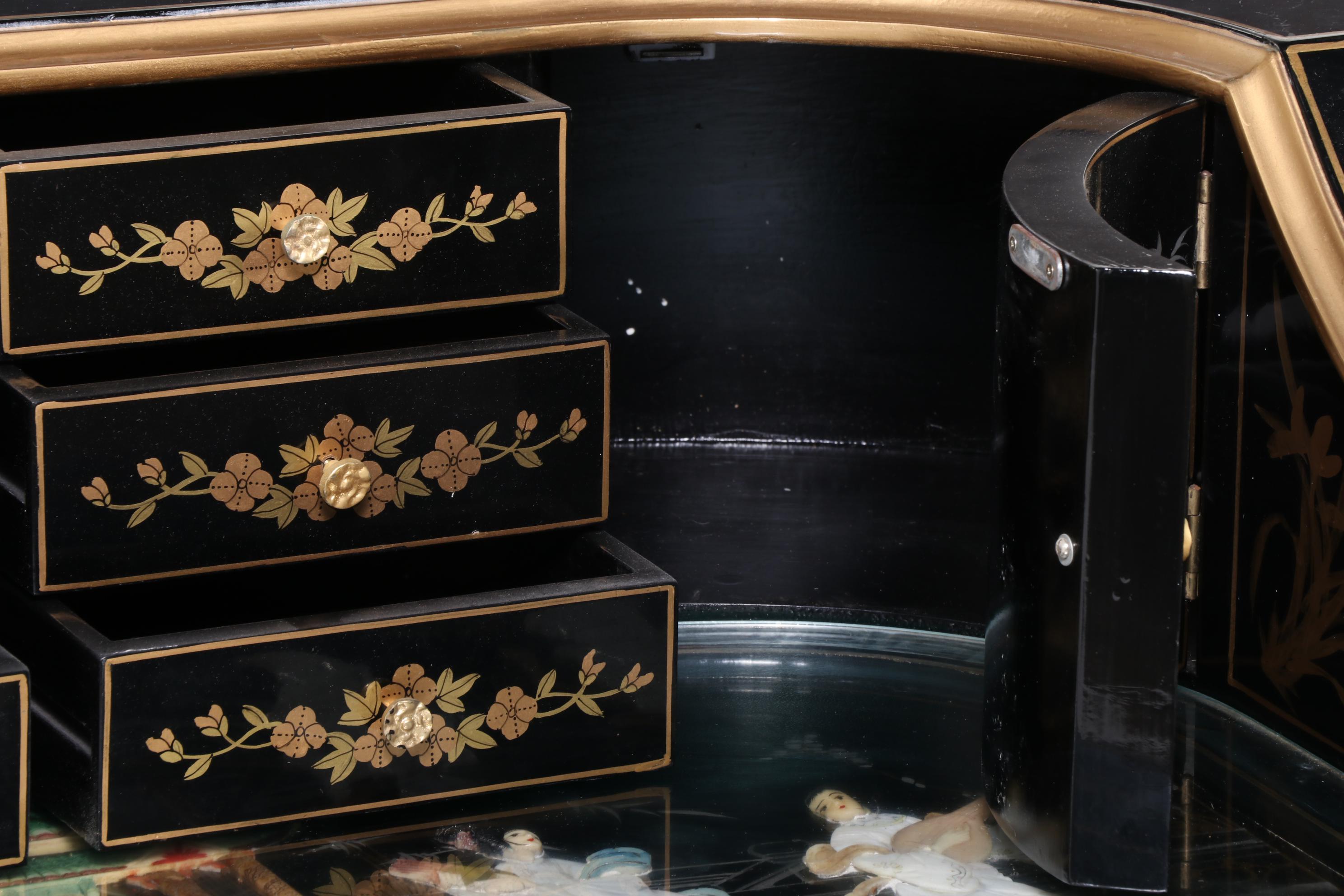 Chinese Black Lacquered and Mother-of-Pearl Inlaid Harpsichord Desk with Chair