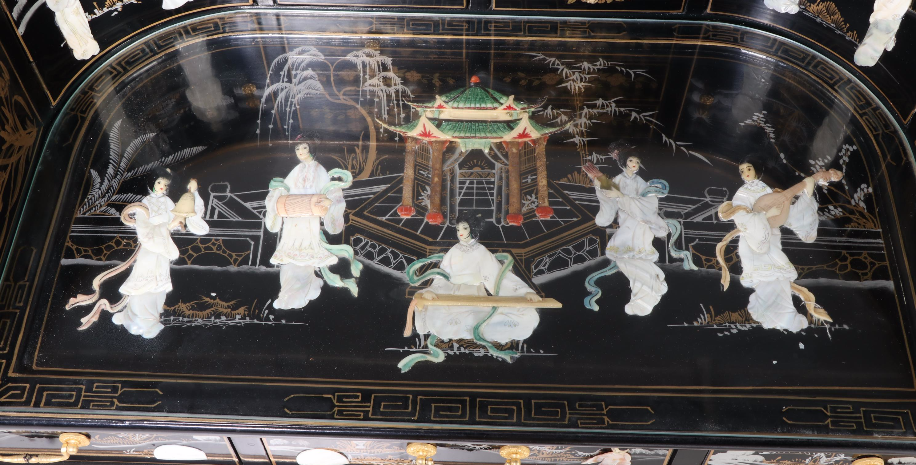 Chinese Black Lacquered and Mother-of-Pearl Inlaid Harpsichord Desk with Chair