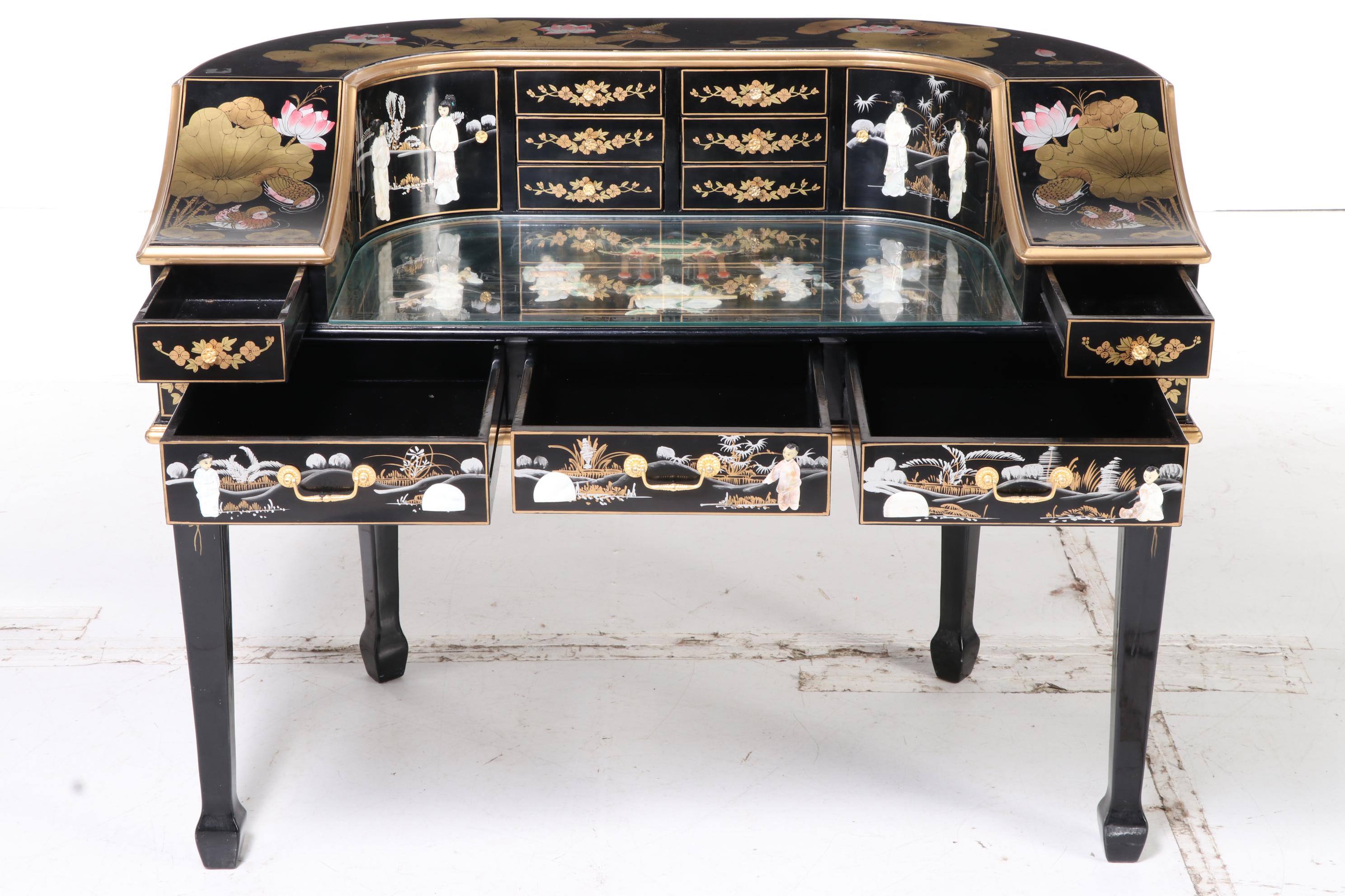 Chinese Black Lacquered and Mother-of-Pearl Inlaid Harpsichord Desk with Chair