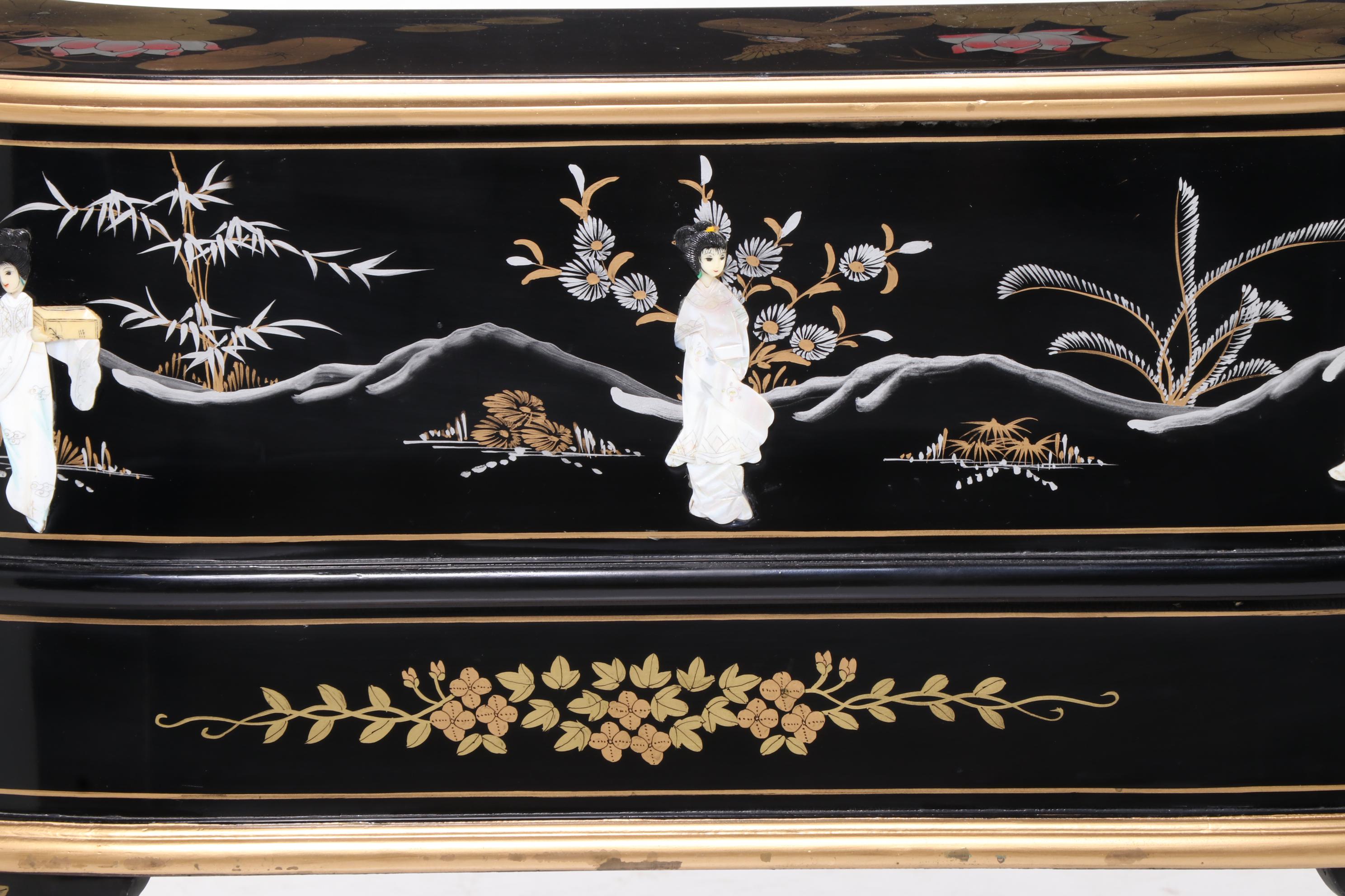Chinese Black Lacquered and Mother-of-Pearl Inlaid Harpsichord Desk with Chair