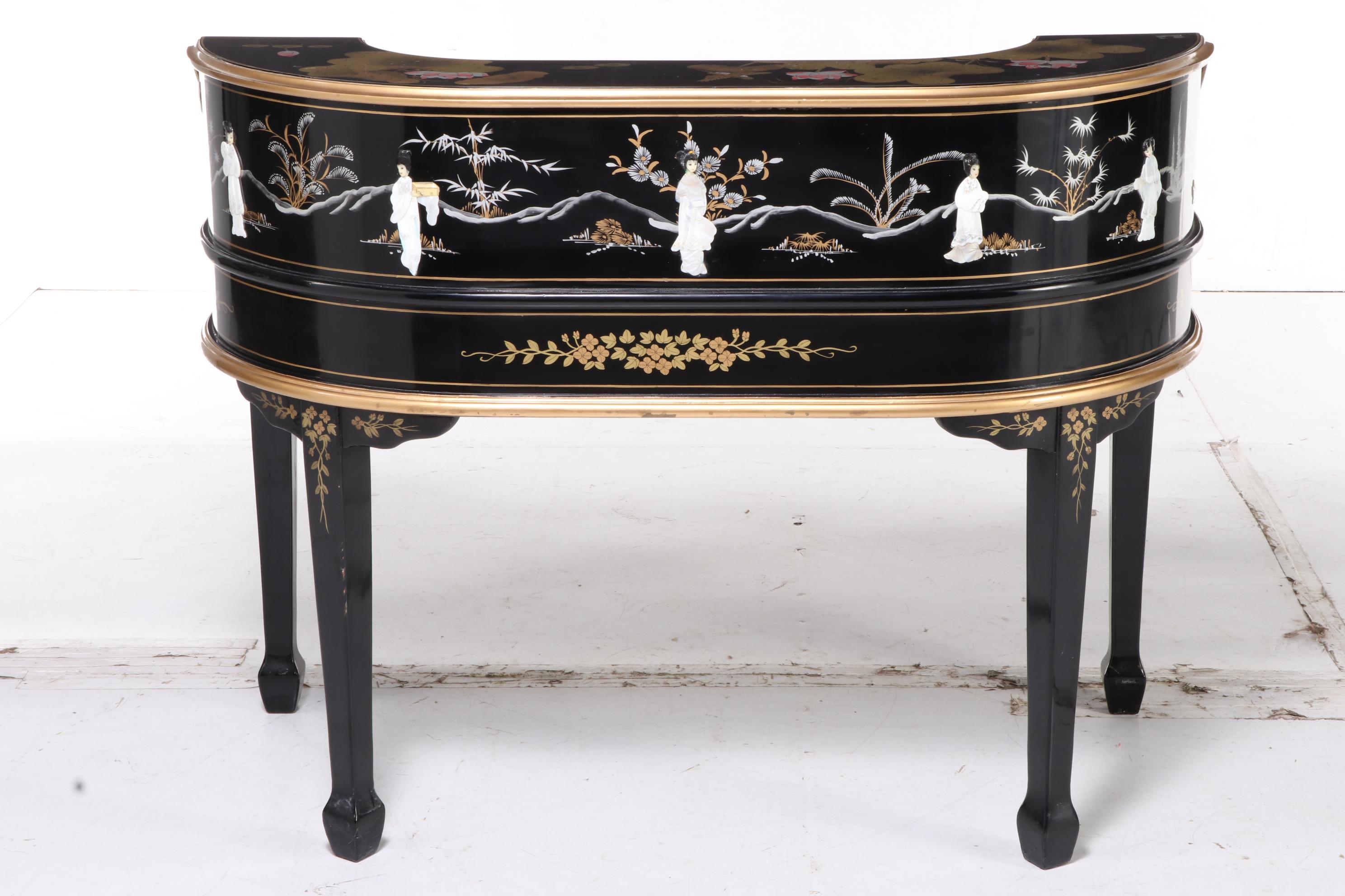 Chinese Black Lacquered and Mother-of-Pearl Inlaid Harpsichord Desk with Chair