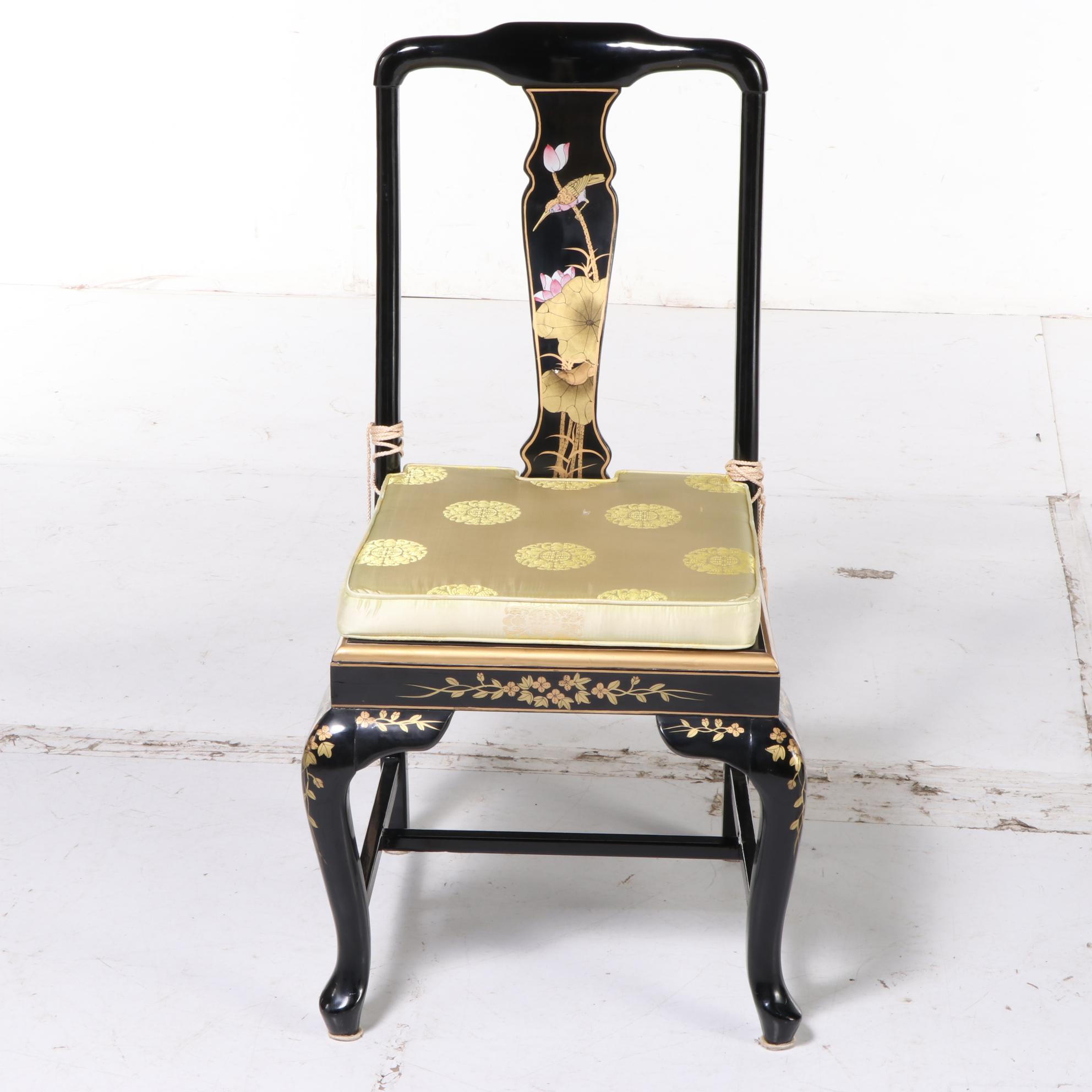 Chinese Black Lacquered and Mother-of-Pearl Inlaid Harpsichord Desk with Chair