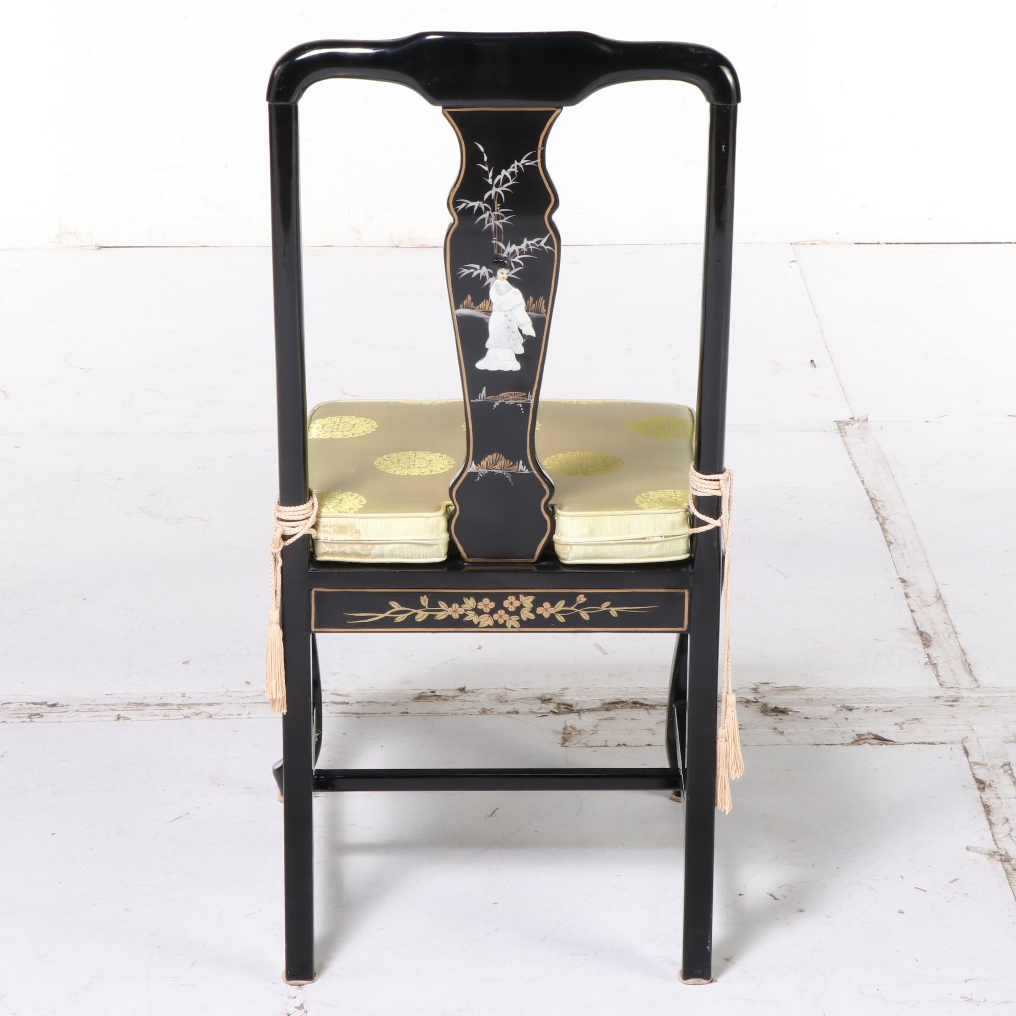 Chinese Black Lacquered and Mother-of-Pearl Inlaid Harpsichord Desk with Chair