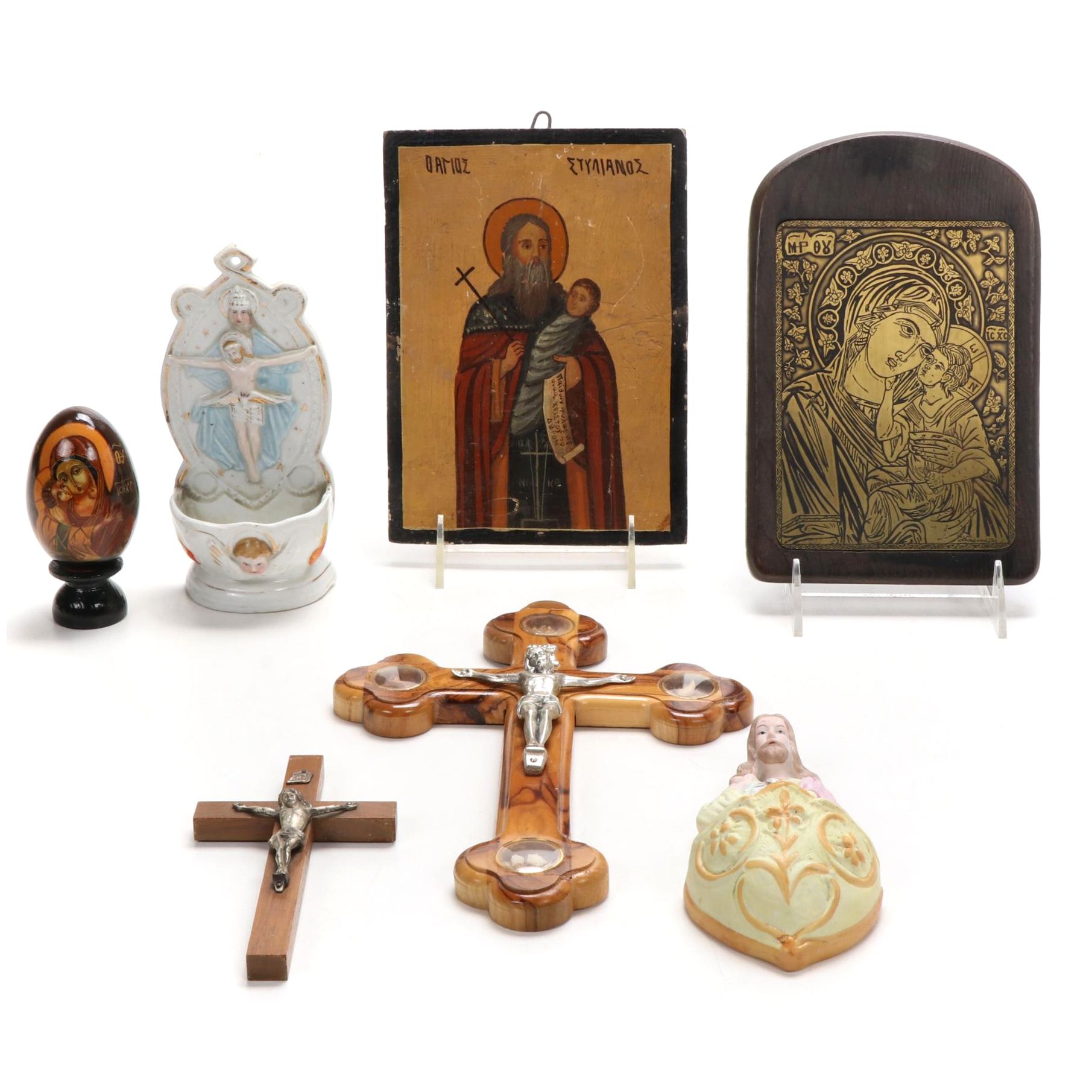 Wooden Crucifix, Porcelain Holy Water Font, and Other Religious Artifacts