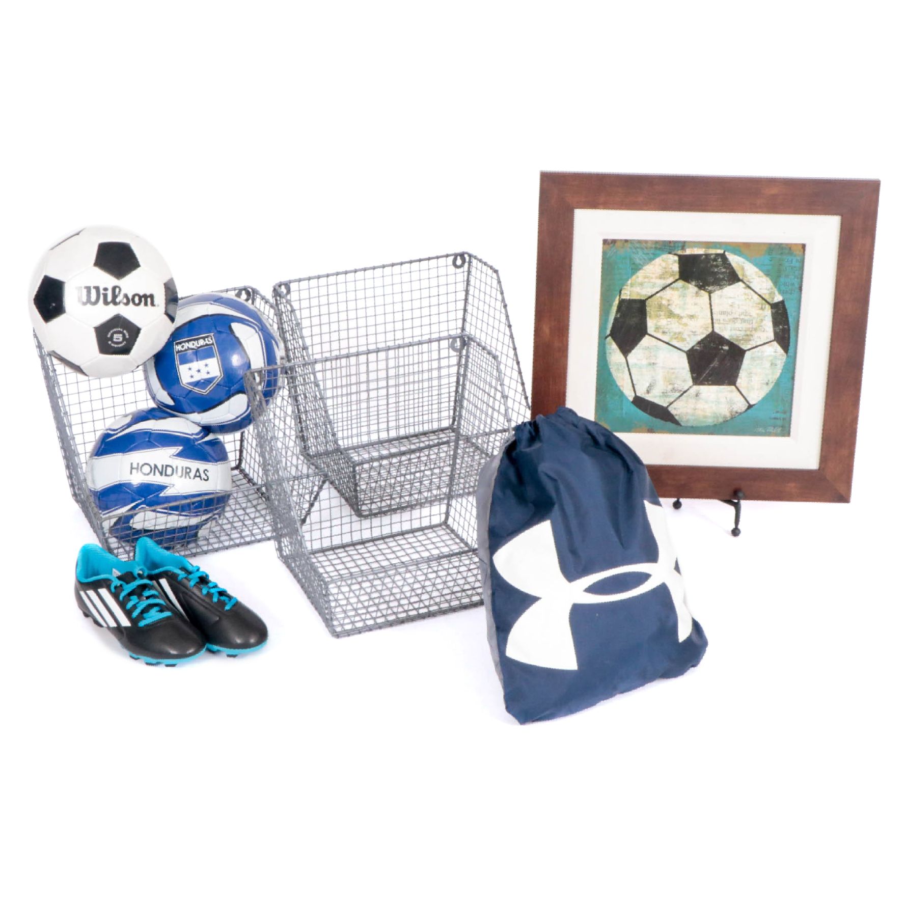 Under Armour Vinyl Backpack, Mesh Wall Baskets and Soccer Equipment