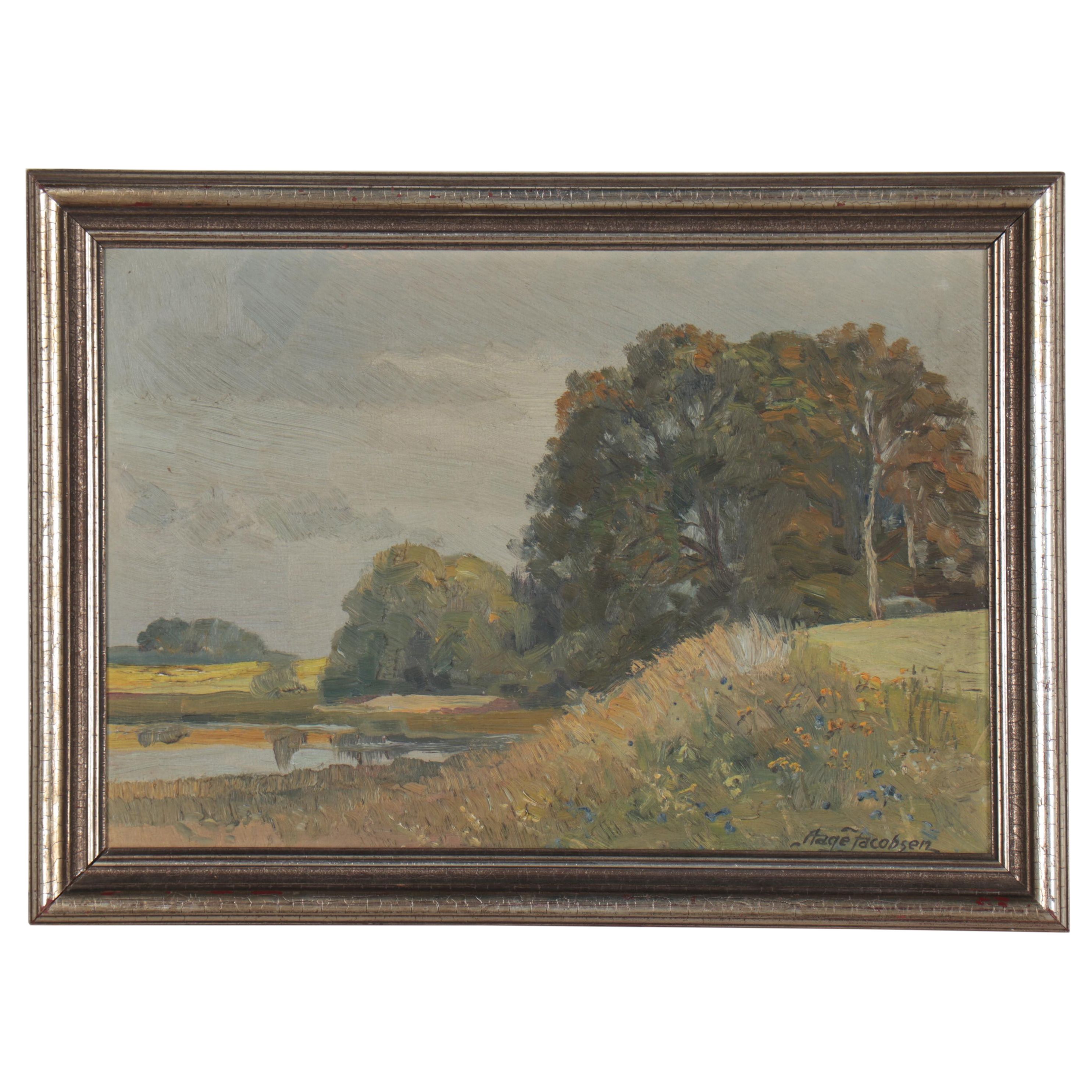 Aage Jacobsen Landscape Oil Painting, Early 20th Century