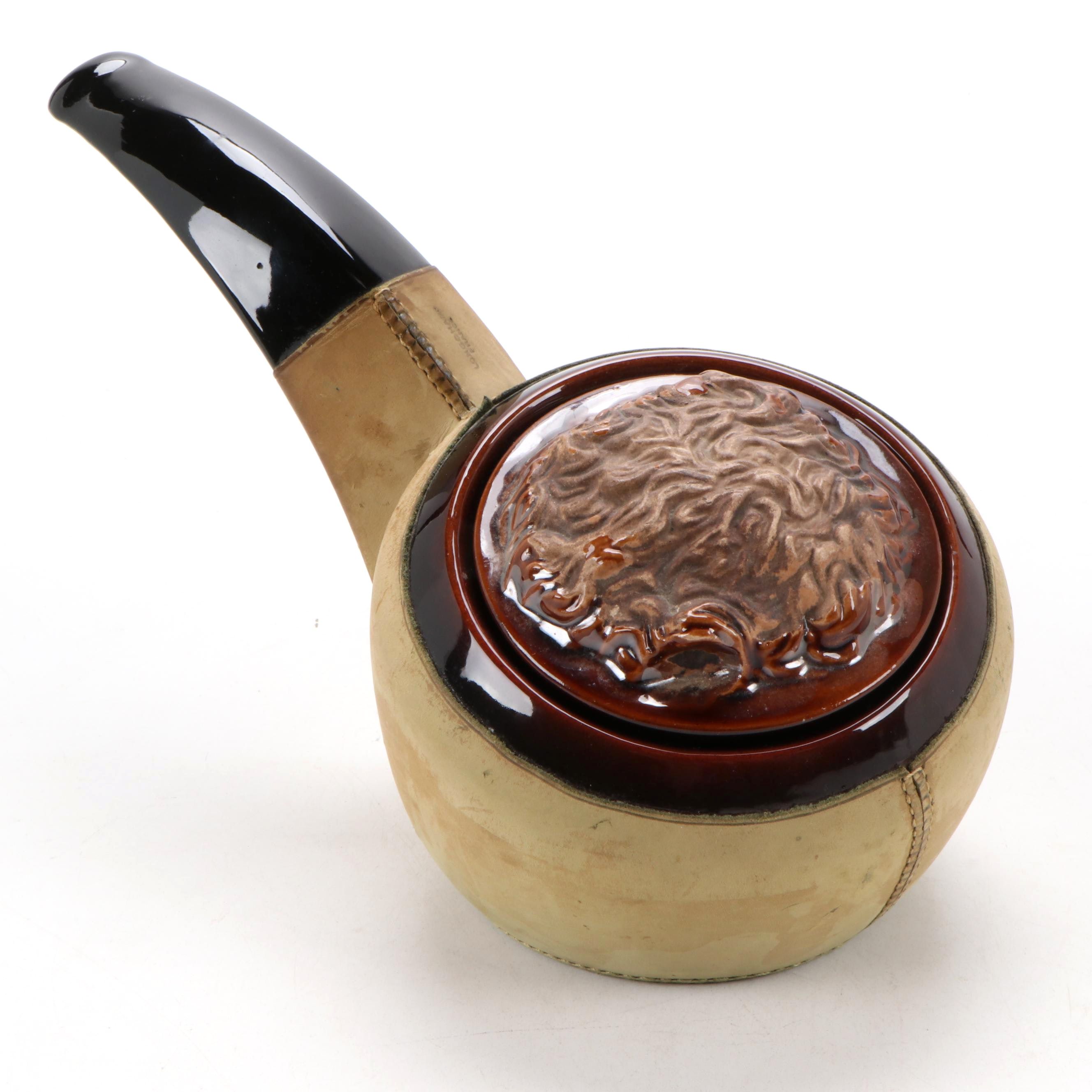 Longchamp Ceramic and Leather Covered Pipe Shaped Tobacco Jar, Mid-20th Century