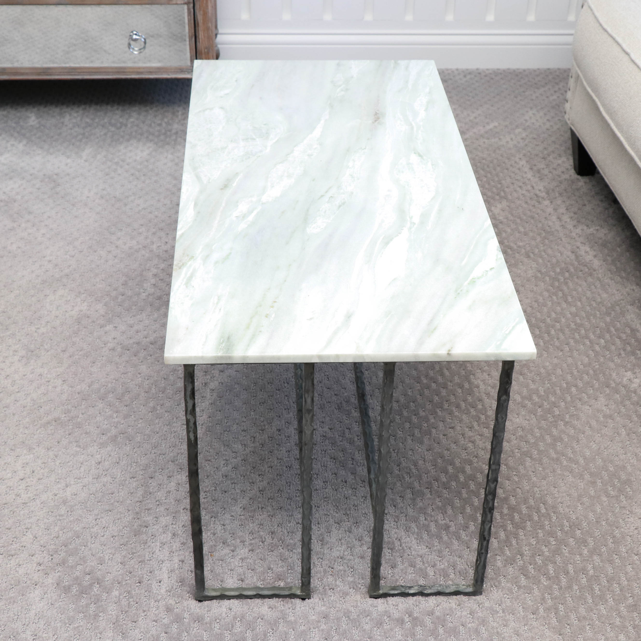 Modern White Marble Coffee Table on Distressed Metal Base
