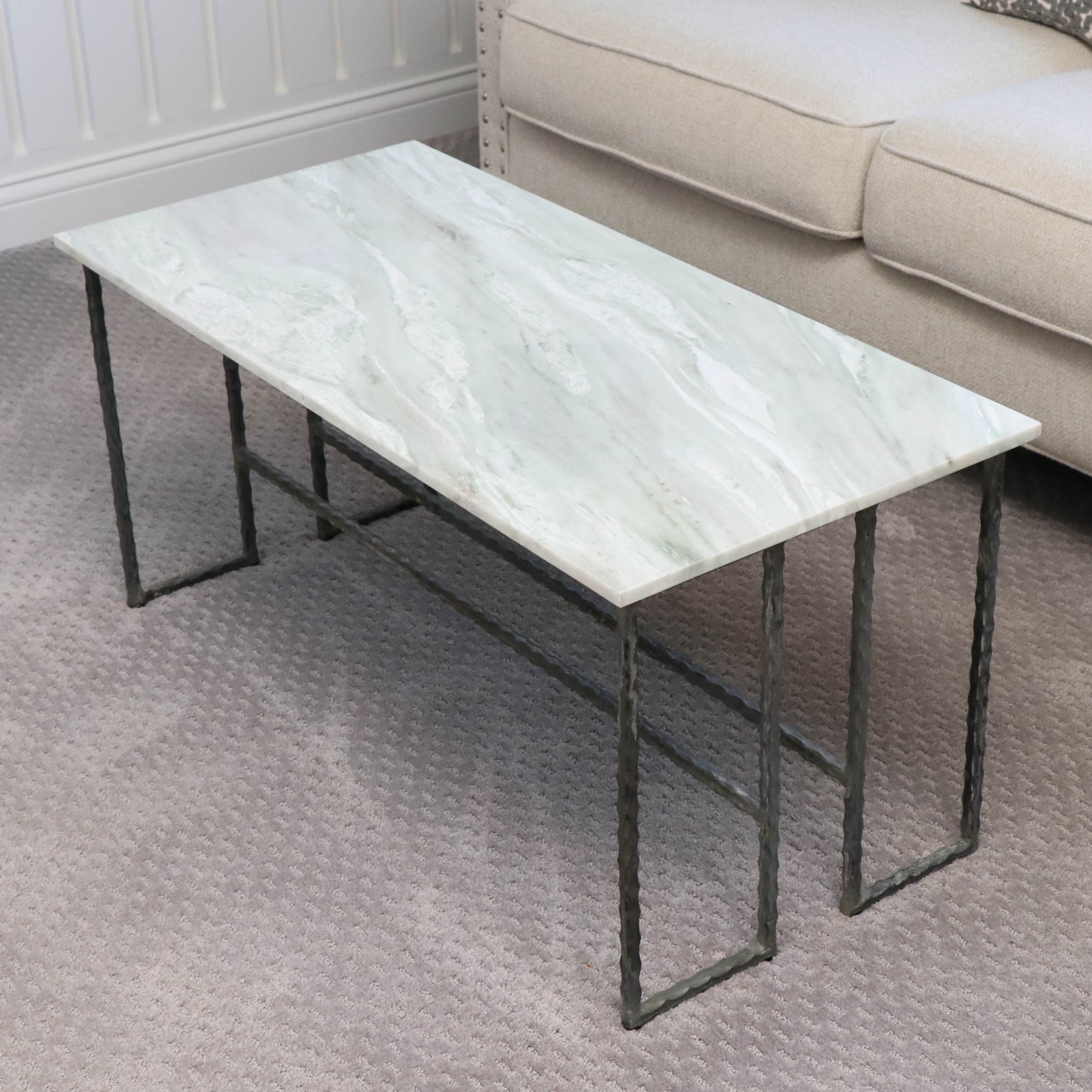 Modern White Marble Coffee Table on Distressed Metal Base