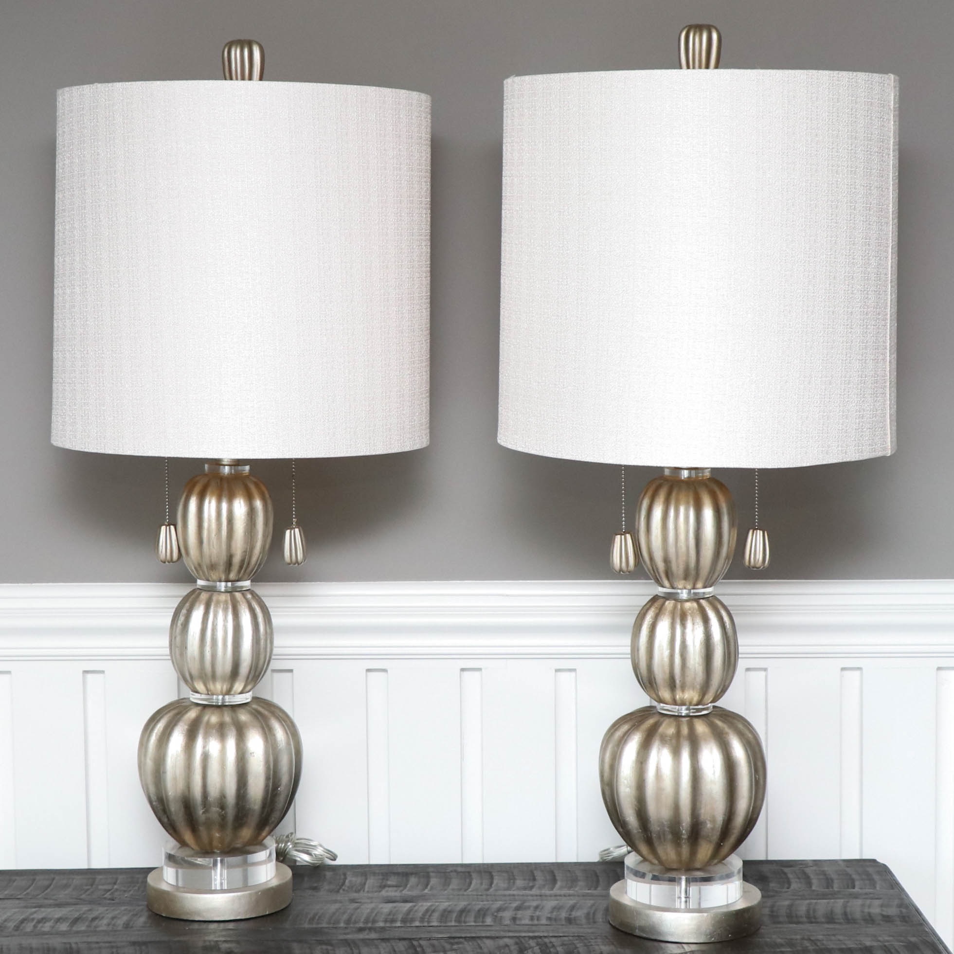 Satin Painted Gourd Table Lamps with Fabric Drum Shades