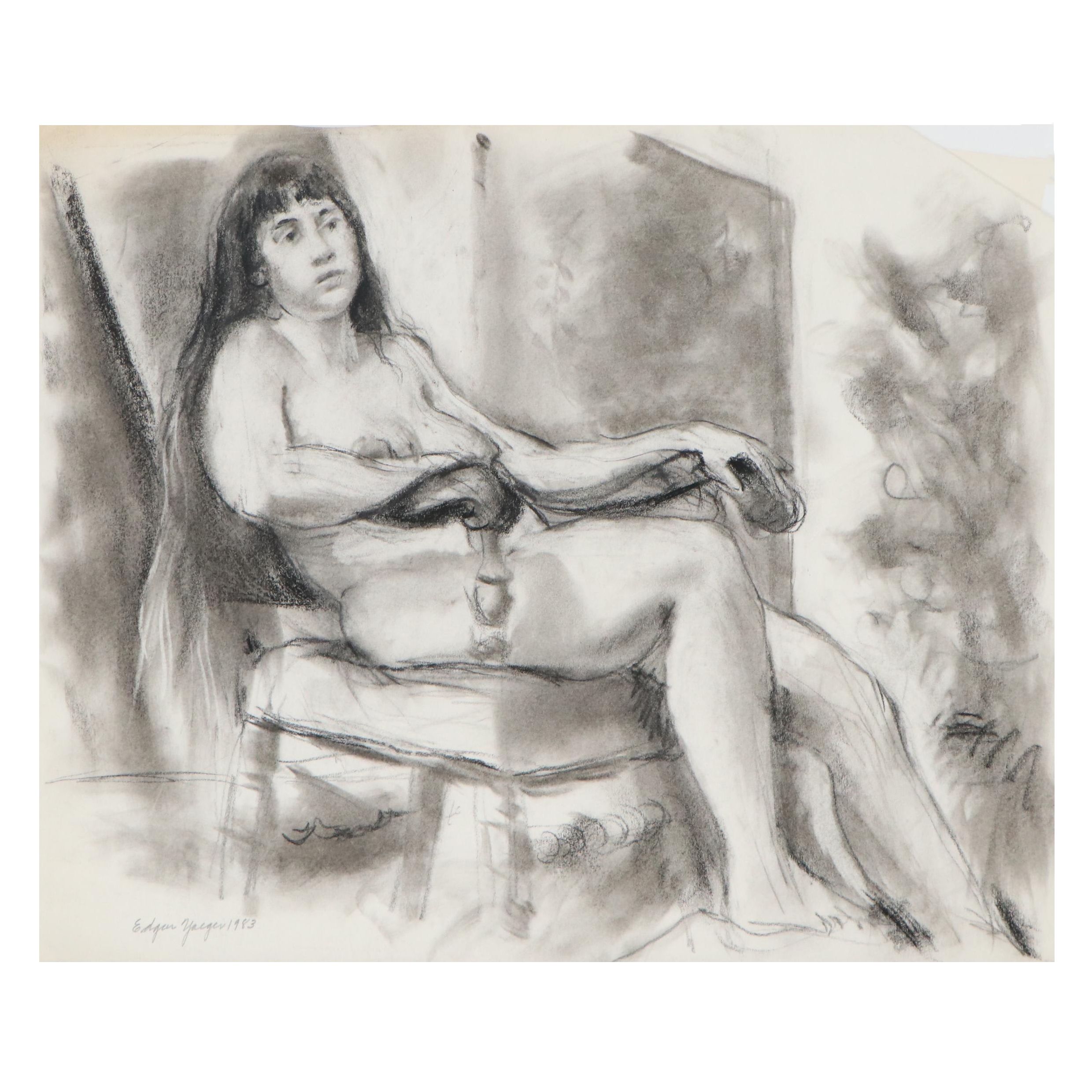 Edgar Yaeger Charcoal Drawing of Seated Woman, 1983