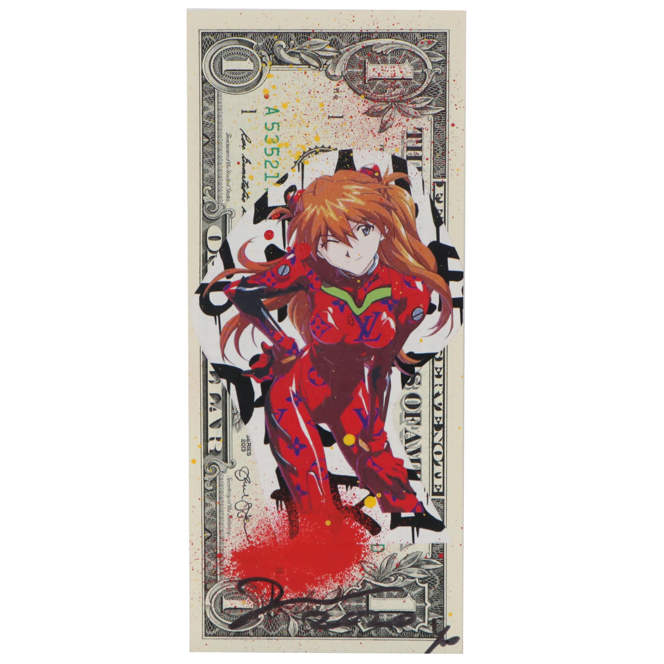 Death NYC Mixed Media Louis Vuitton and Anime Dollar Bill, 2020