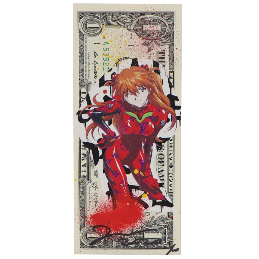 Death NYC Mixed Media Louis Vuitton and Anime Dollar Bill, 2020