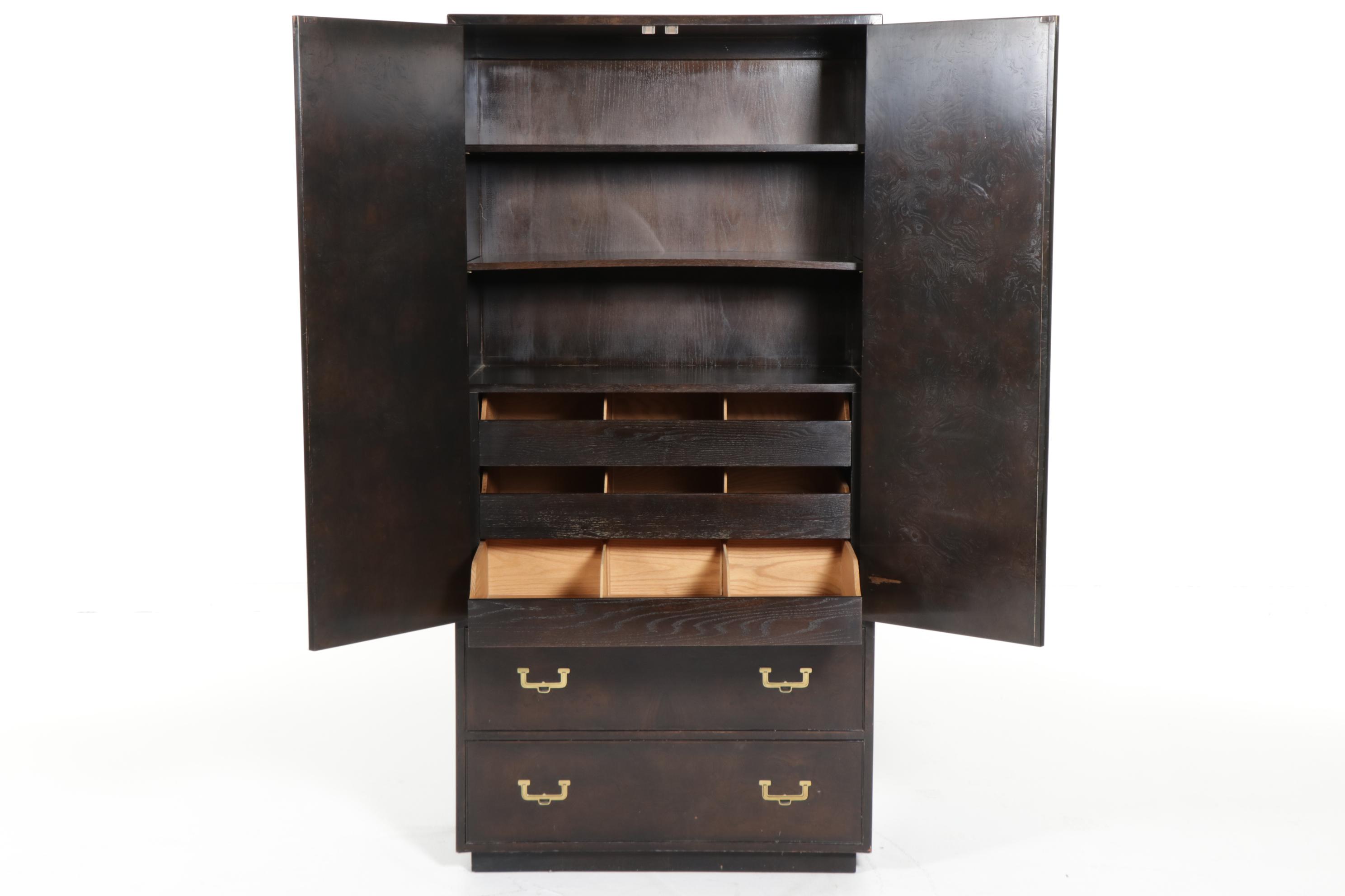 John Widdicomb Campaign Style Burlwood Clothes Press, Mid to Late 20th C.