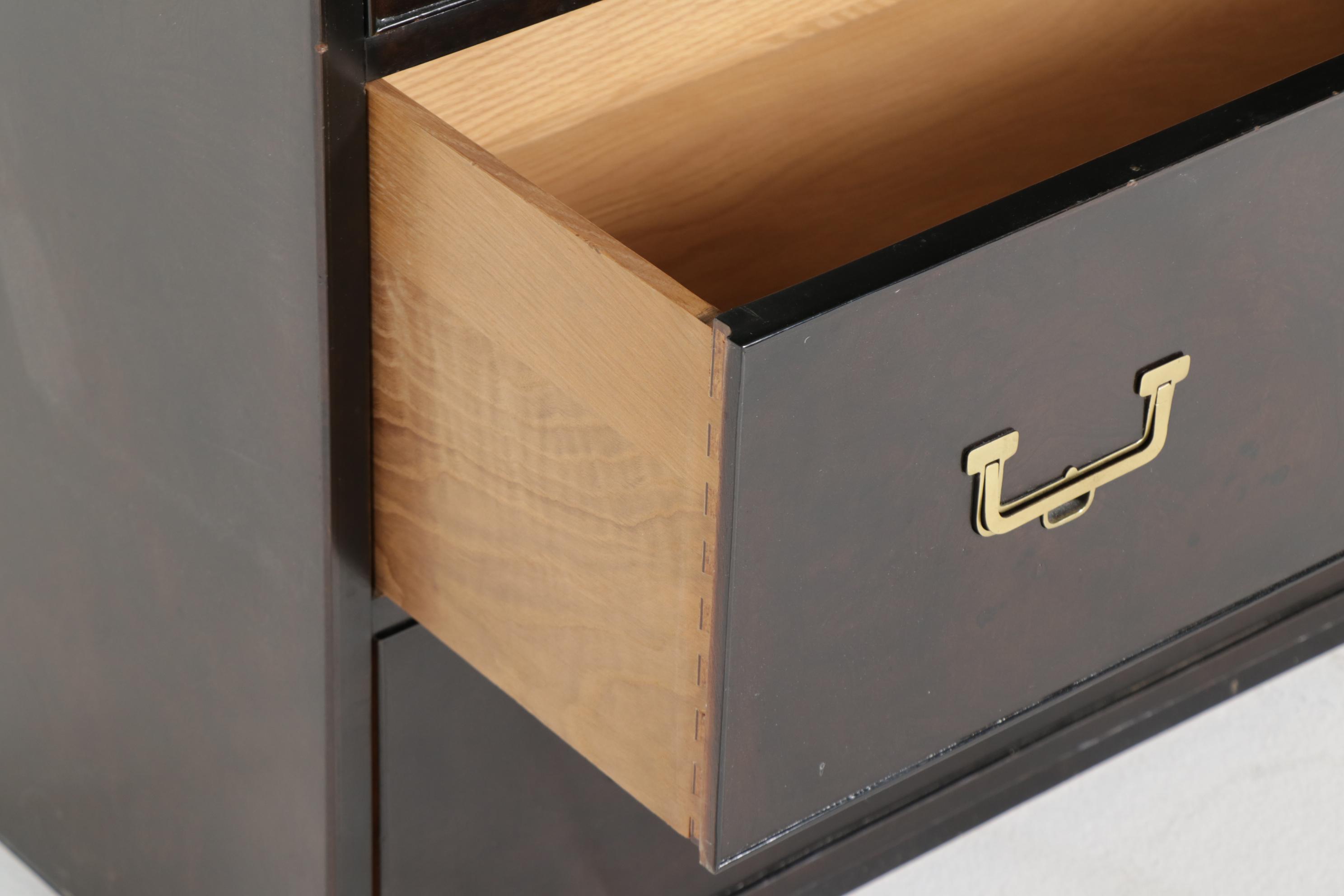 John Widdicomb Campaign Style Burlwood Clothes Press, Mid to Late 20th C.