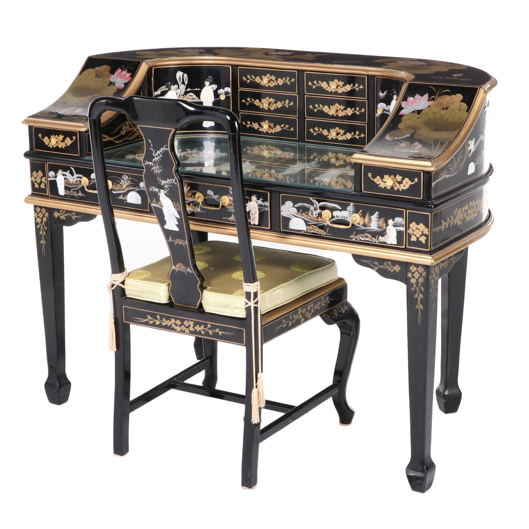 Chinese Black Lacquered and Mother-of-Pearl Inlaid Harpsichord Desk with Chair