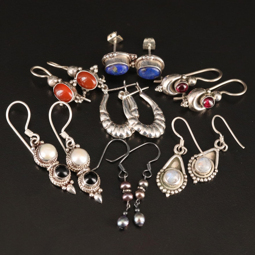 Sterling Earrings Featuring Pearls, Garnets and Lapis Lazuli