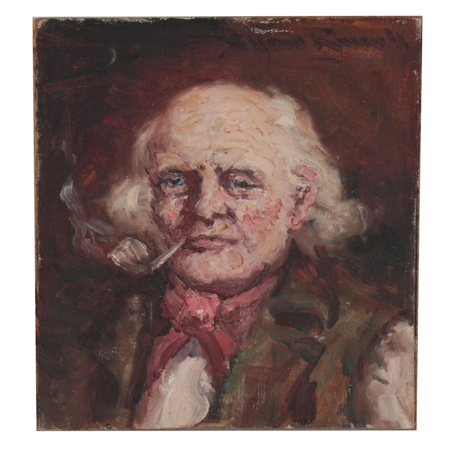 Oil Painting of Man Smoking Pipe, Early to Mid 20th Century