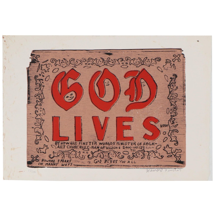 Howard Finster Serigraph "God Lives," Late 20th Century