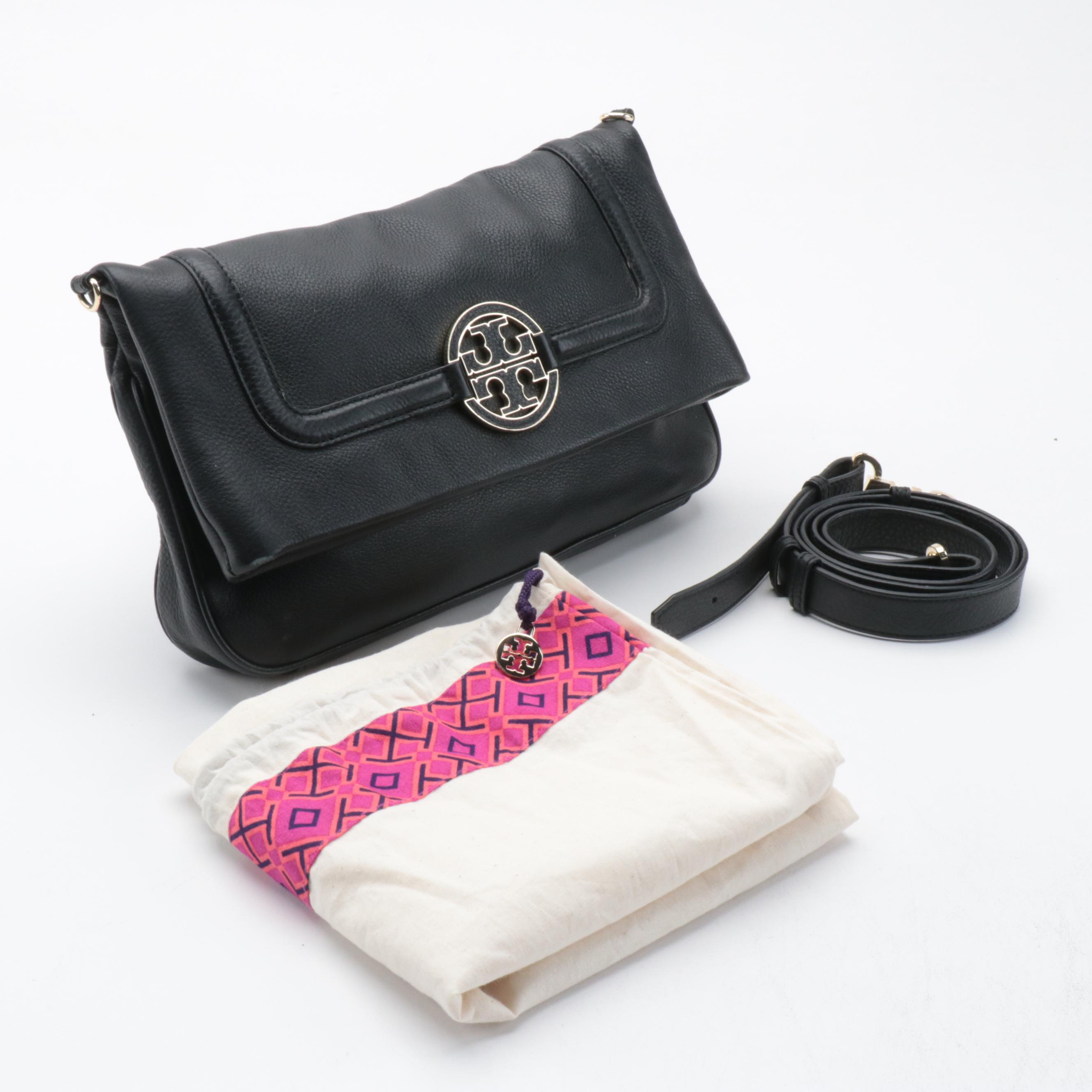 Tory Burch Amanda Foldover Crossbody Bag in Black Grained Leather