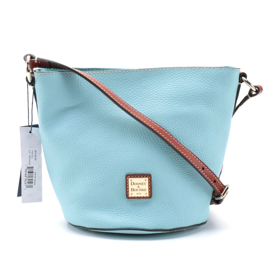 Dooney & Bourke Pale Blue Pebble Grain and Brown Leather Bucket Bag