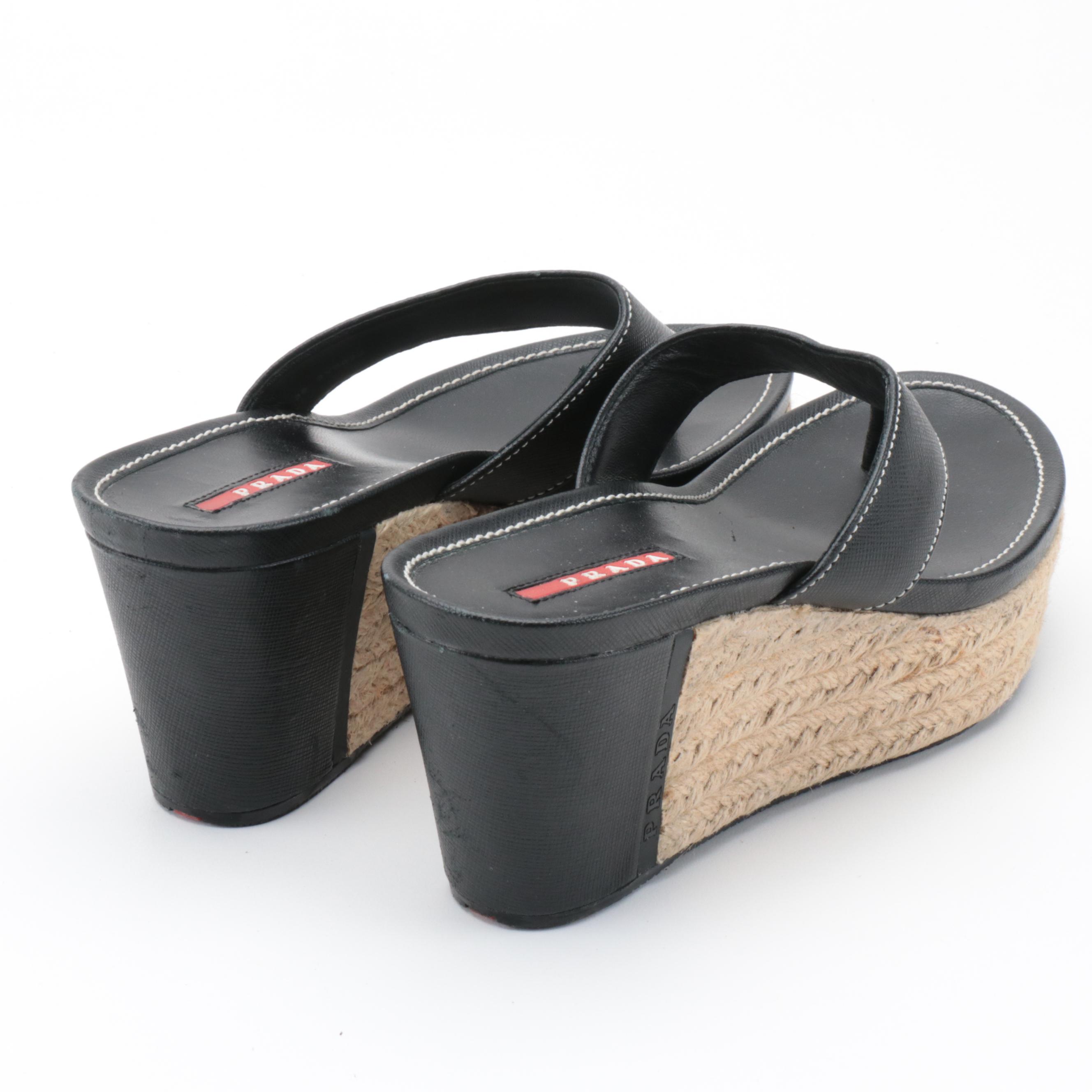 Prada Sport Espadrille Wedge Sandals in Black Saffiano Leather
