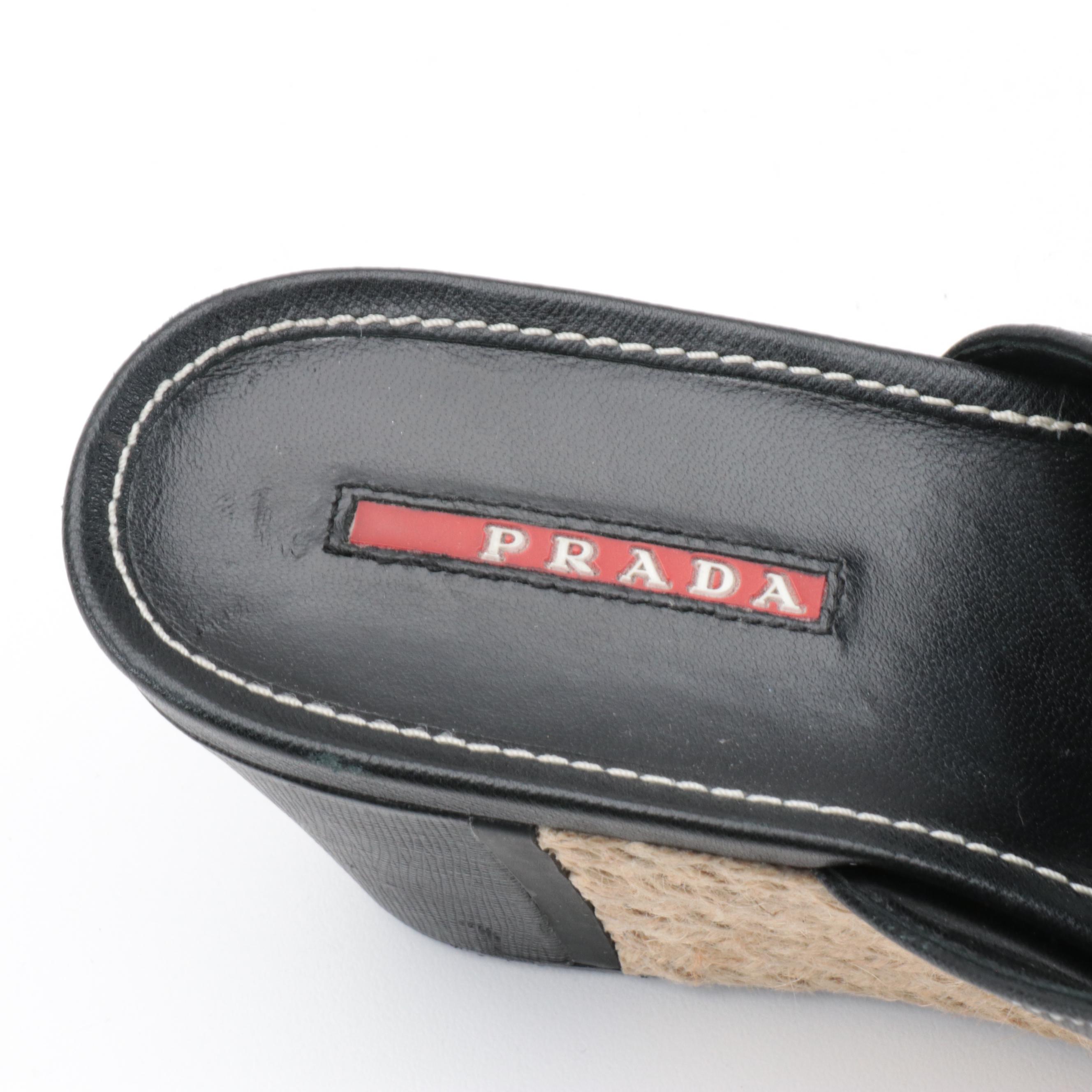 Prada Sport Espadrille Wedge Sandals in Black Saffiano Leather