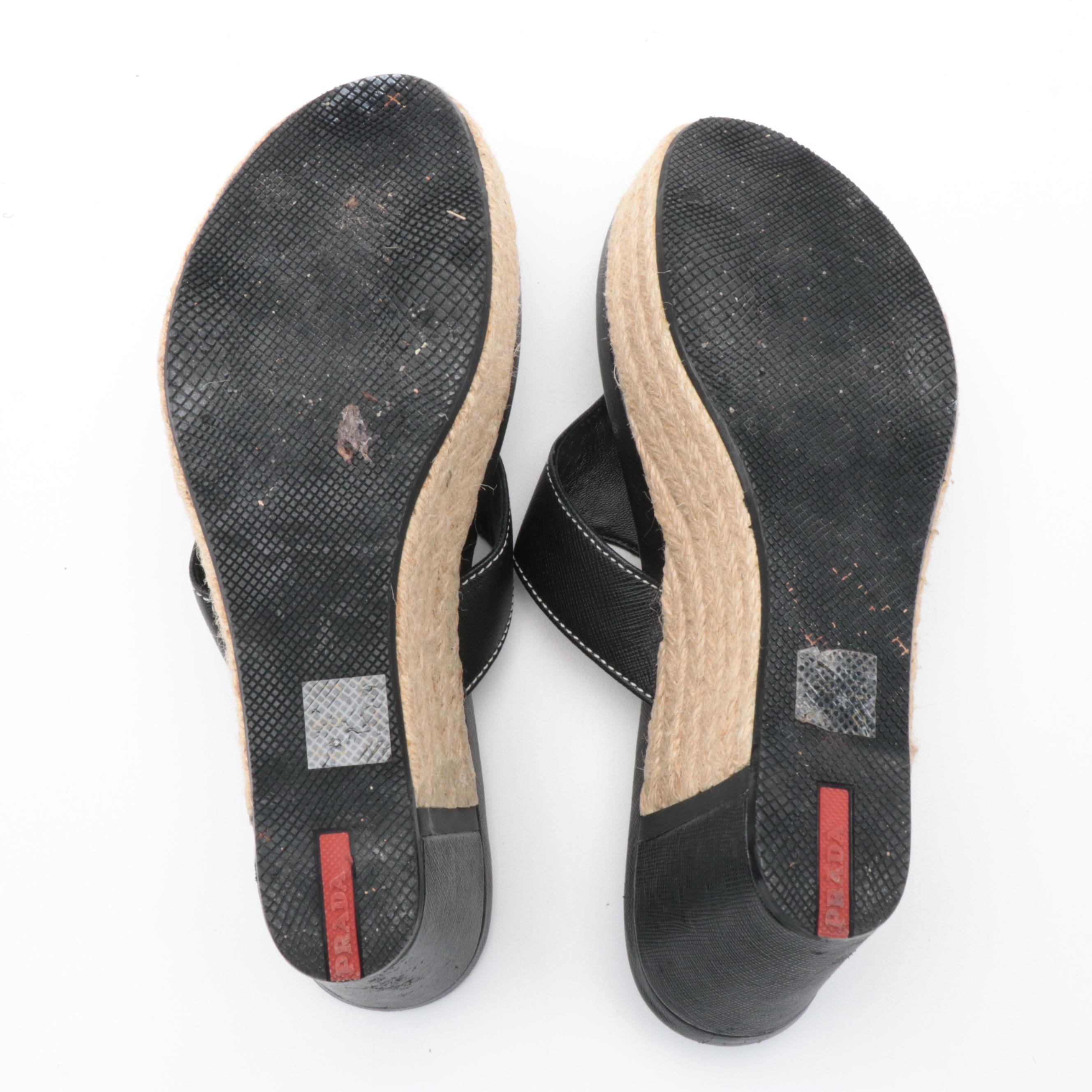 Prada Sport Espadrille Wedge Sandals in Black Saffiano Leather