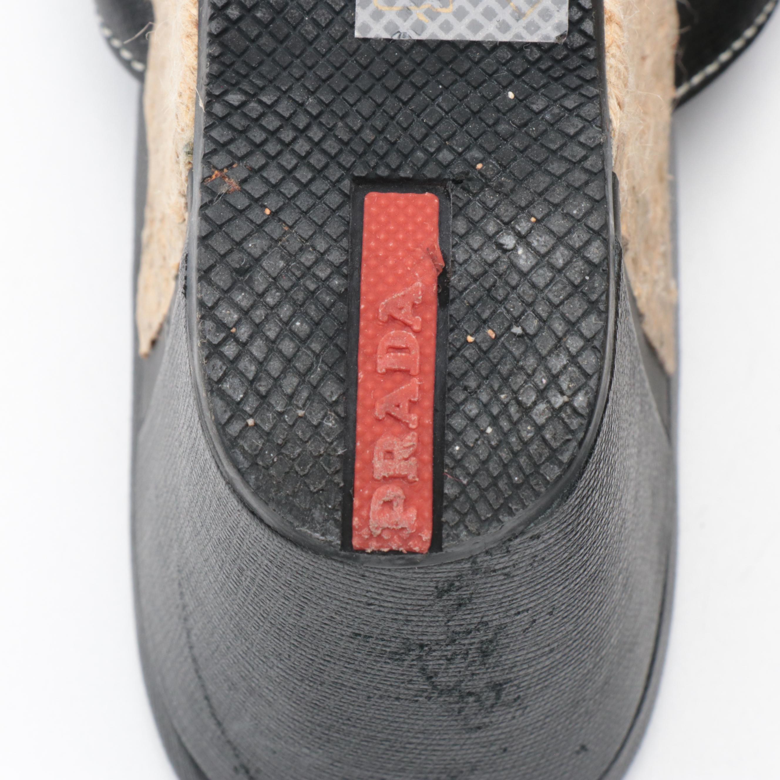 Prada Sport Espadrille Wedge Sandals in Black Saffiano Leather