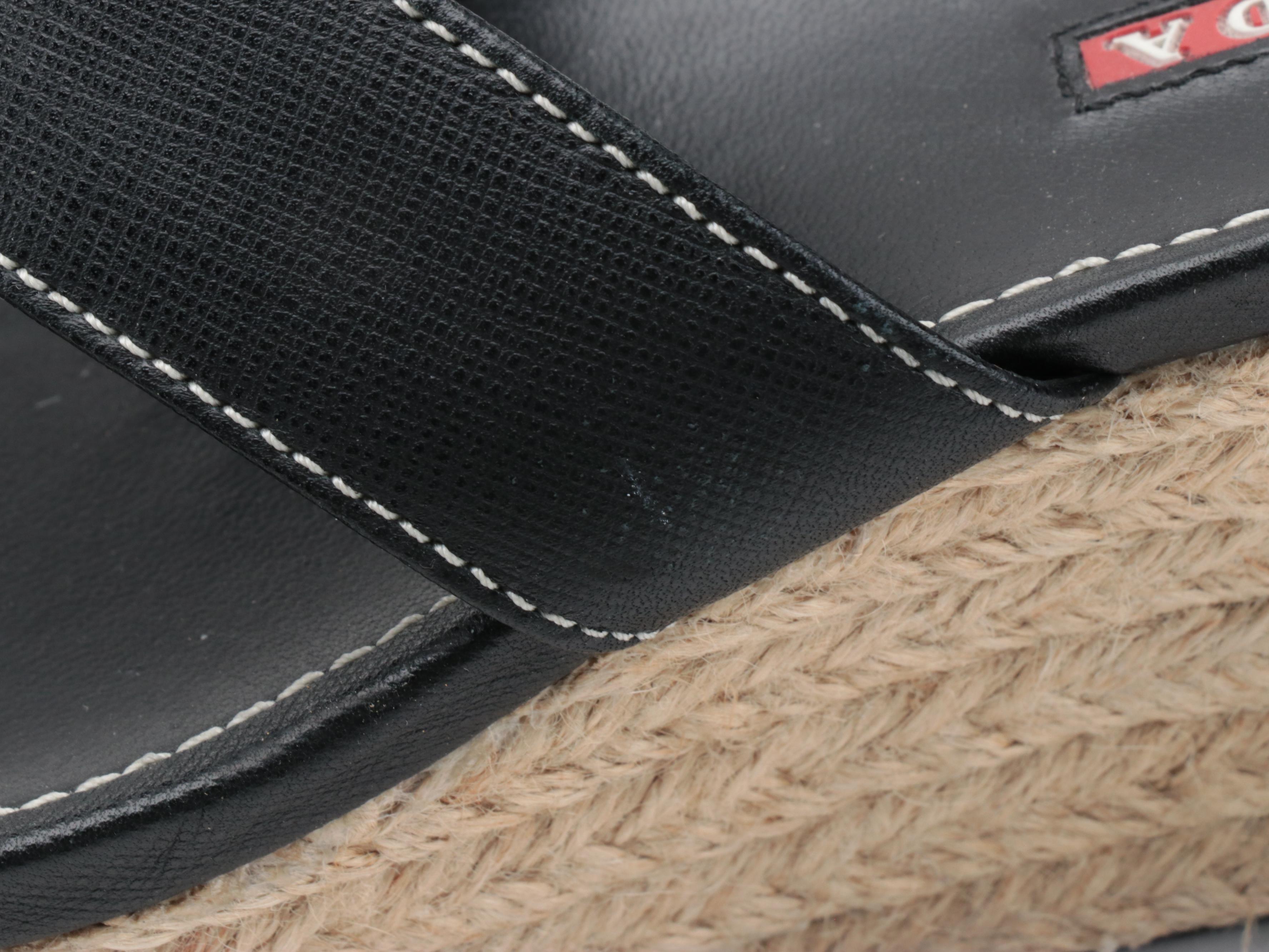 Prada Sport Espadrille Wedge Sandals in Black Saffiano Leather