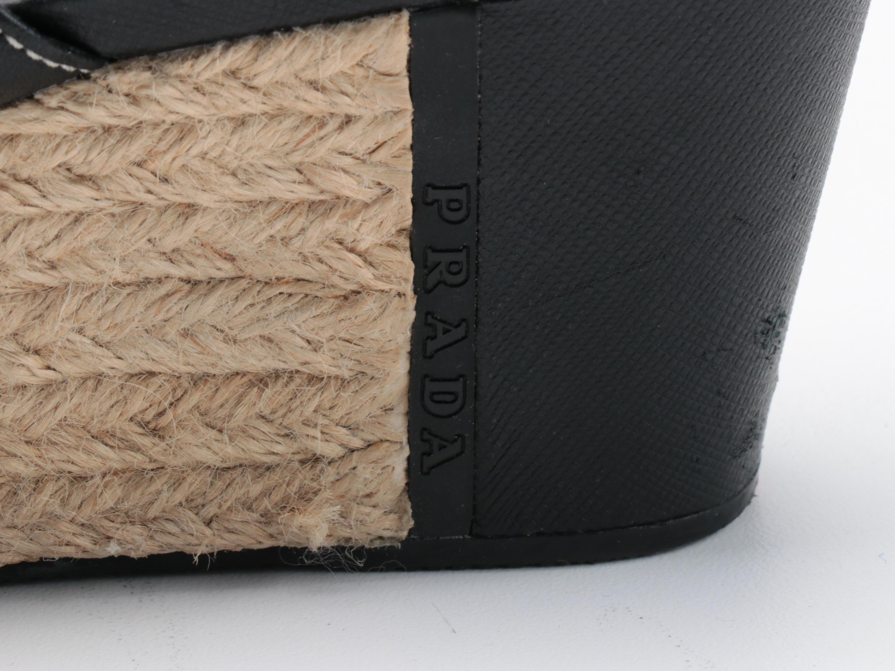 Prada Sport Espadrille Wedge Sandals in Black Saffiano Leather