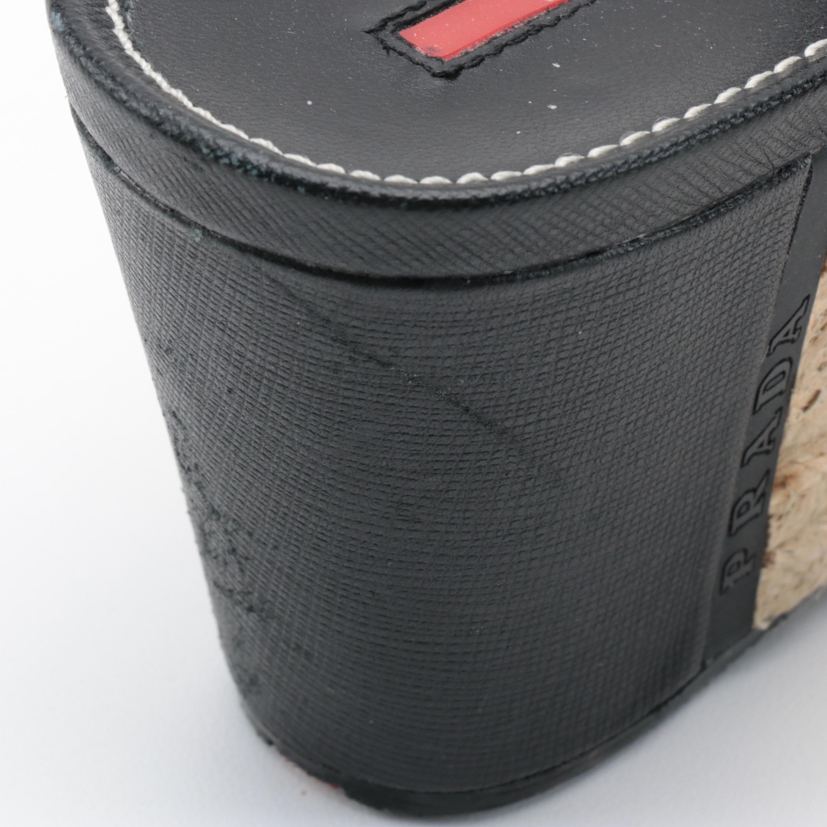 Prada Sport Espadrille Wedge Sandals in Black Saffiano Leather