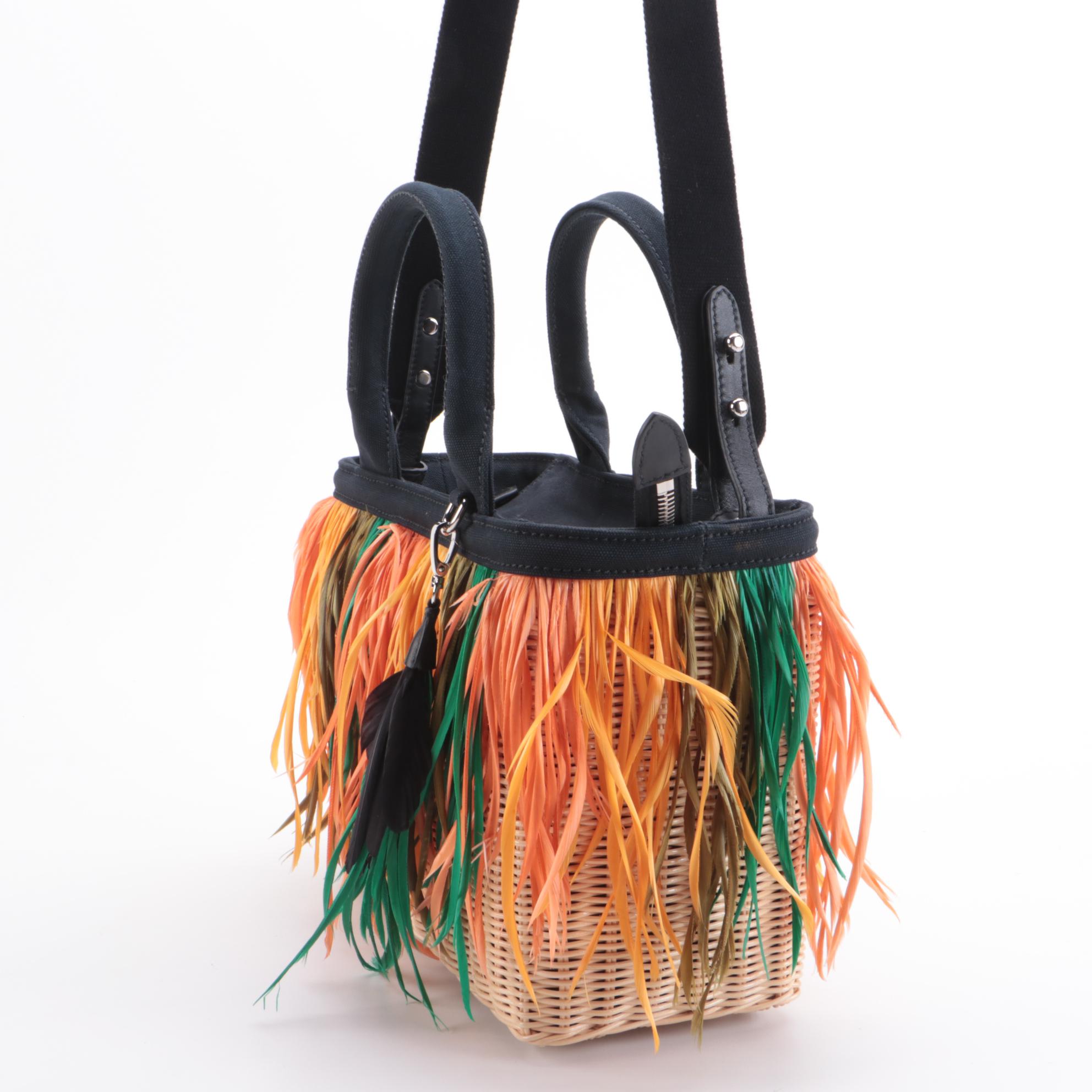 Prada Midollino Woven Wicker and Feather Fringe Two-Way Bag