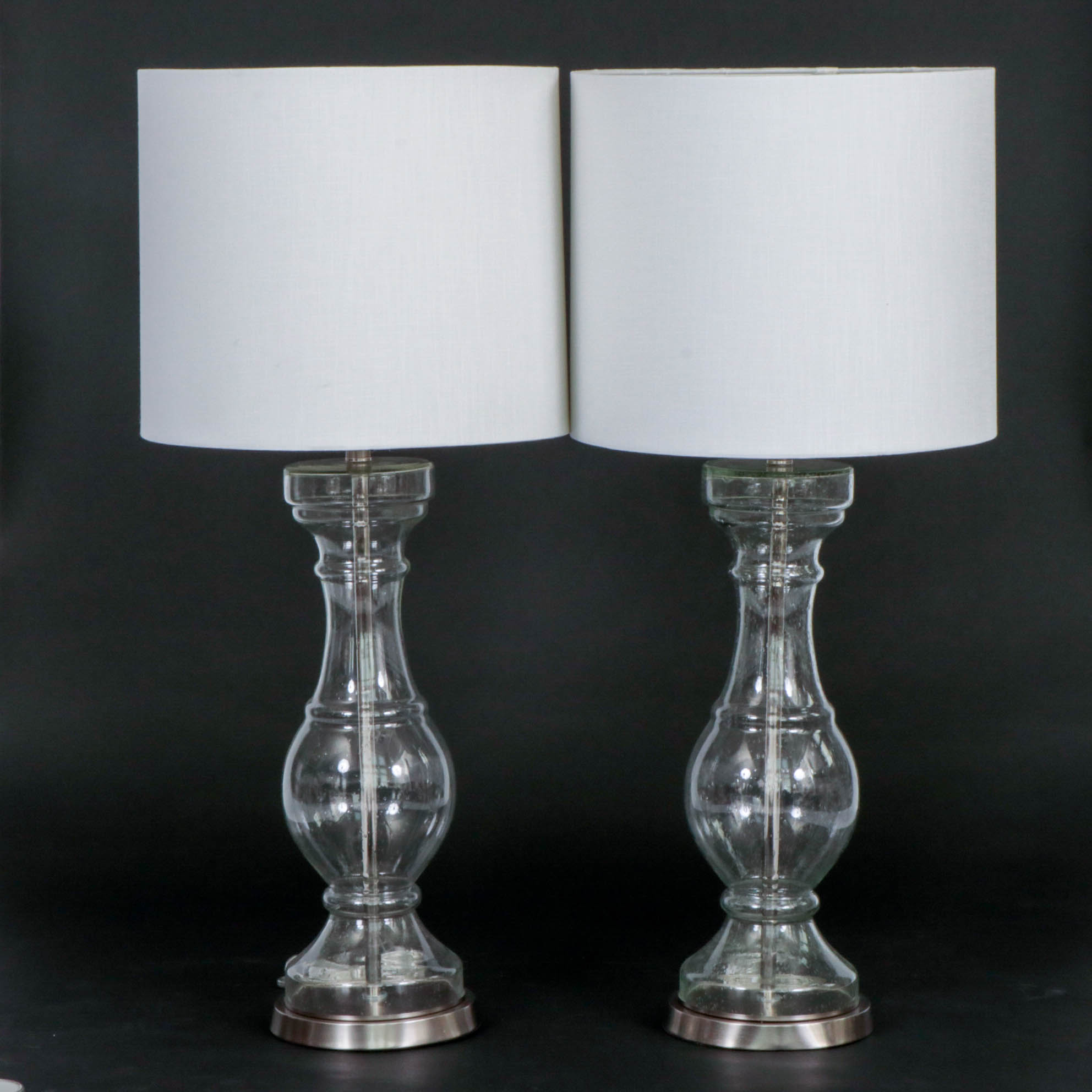 Glass Baluster-Form Table Lamps with Bright White Drum Shades