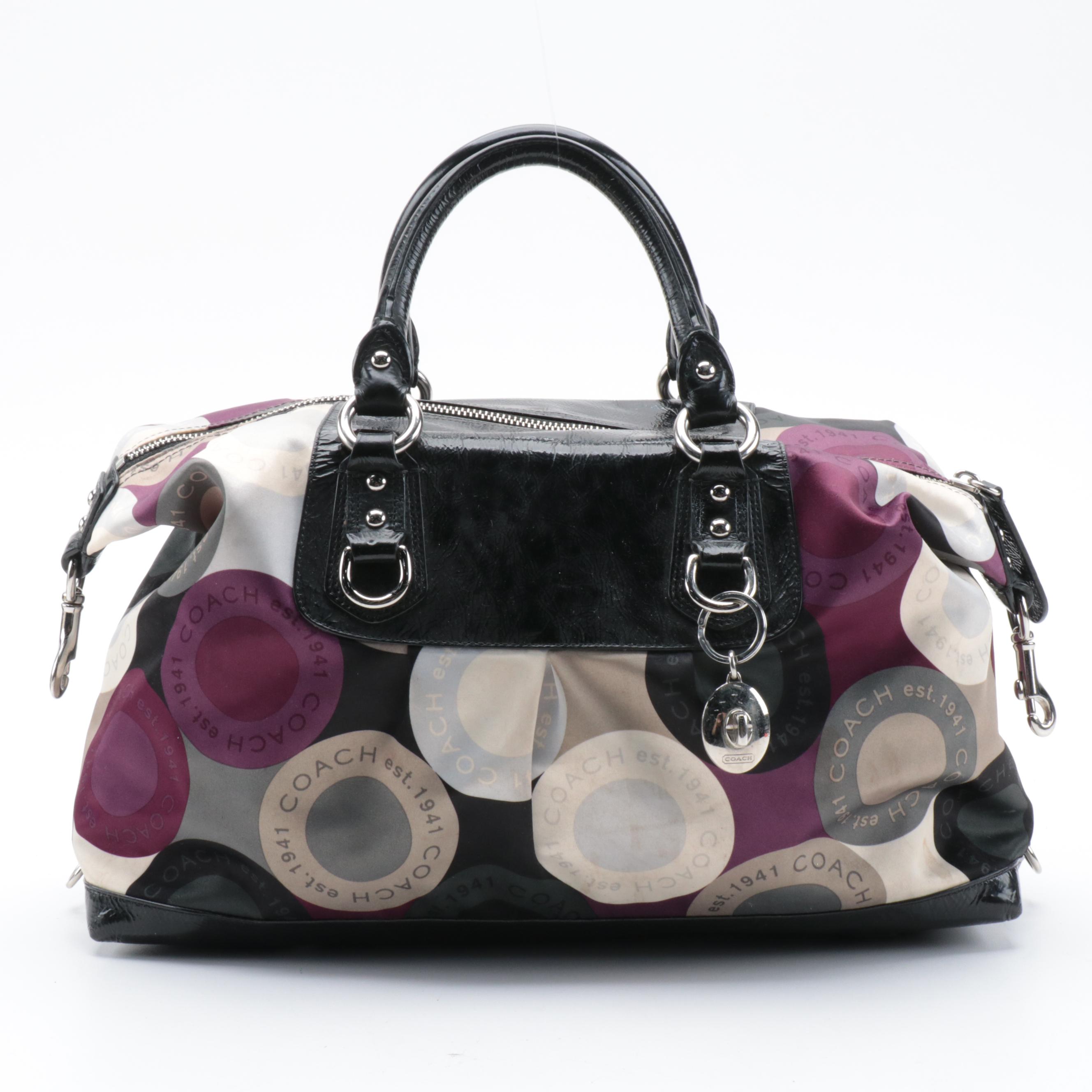 Coach Ashley Snaphead Print Sateen and Black Patent Leather Satchel