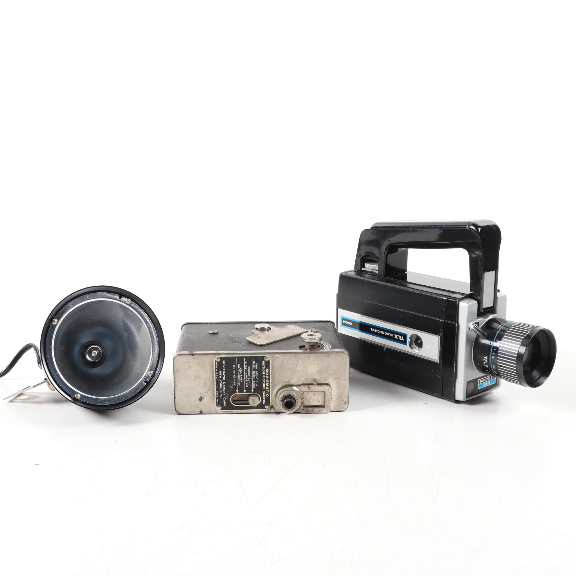 "Moviematic" and "TLX Electric Eye" Movie Cameras with "Sun Gun" Movie Light