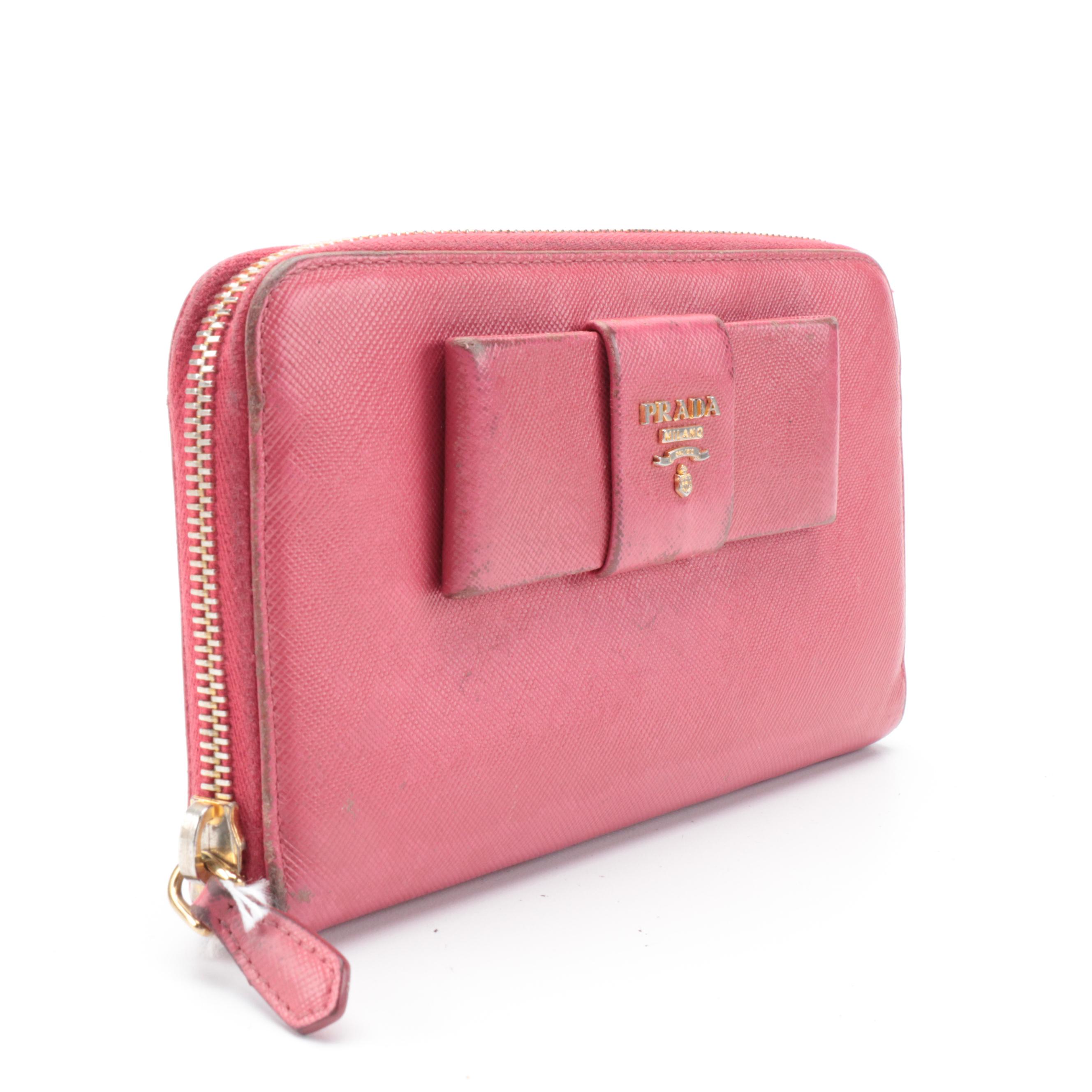 Prada Pink Saffiano Leather Bow Accented Zip Wallet