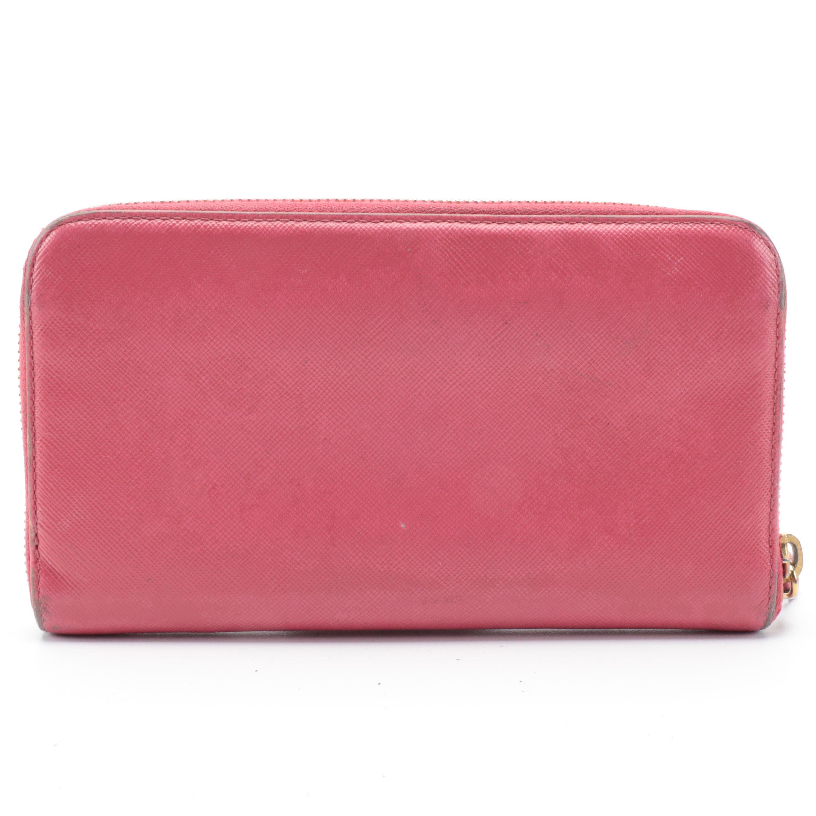 Prada Pink Saffiano Leather Bow Accented Zip Wallet