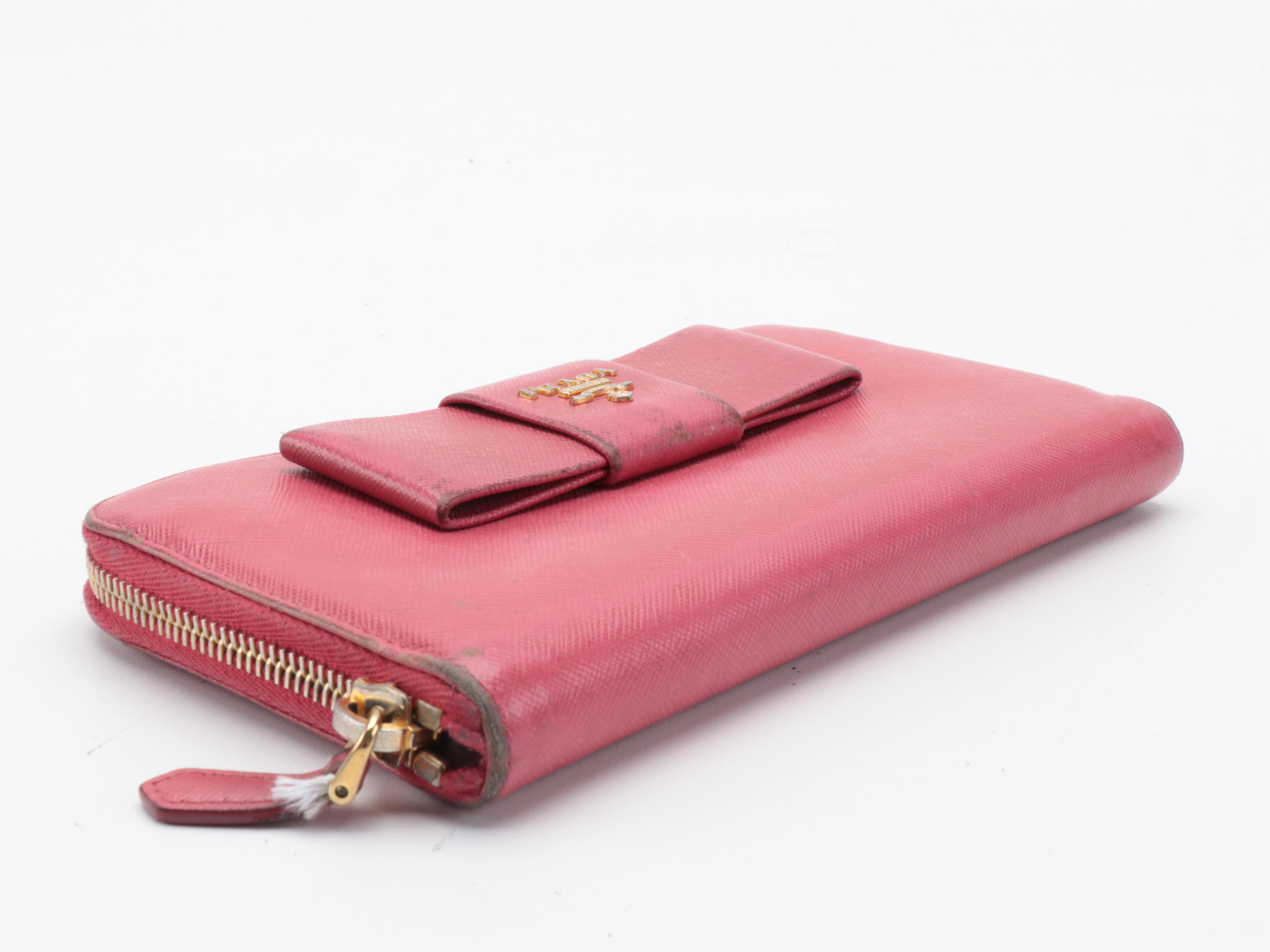 Prada Pink Saffiano Leather Bow Accented Zip Wallet
