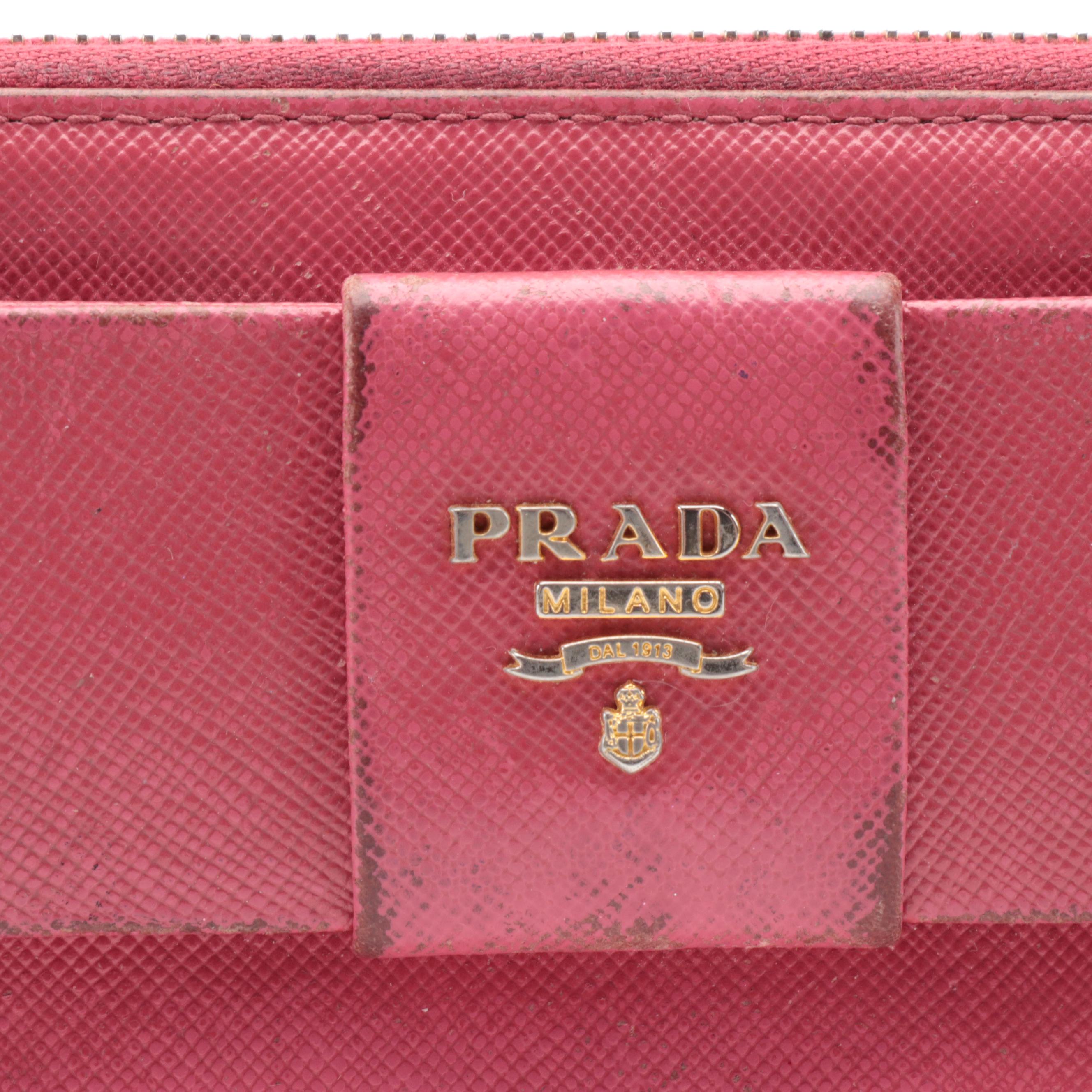 Prada Pink Saffiano Leather Bow Accented Zip Wallet