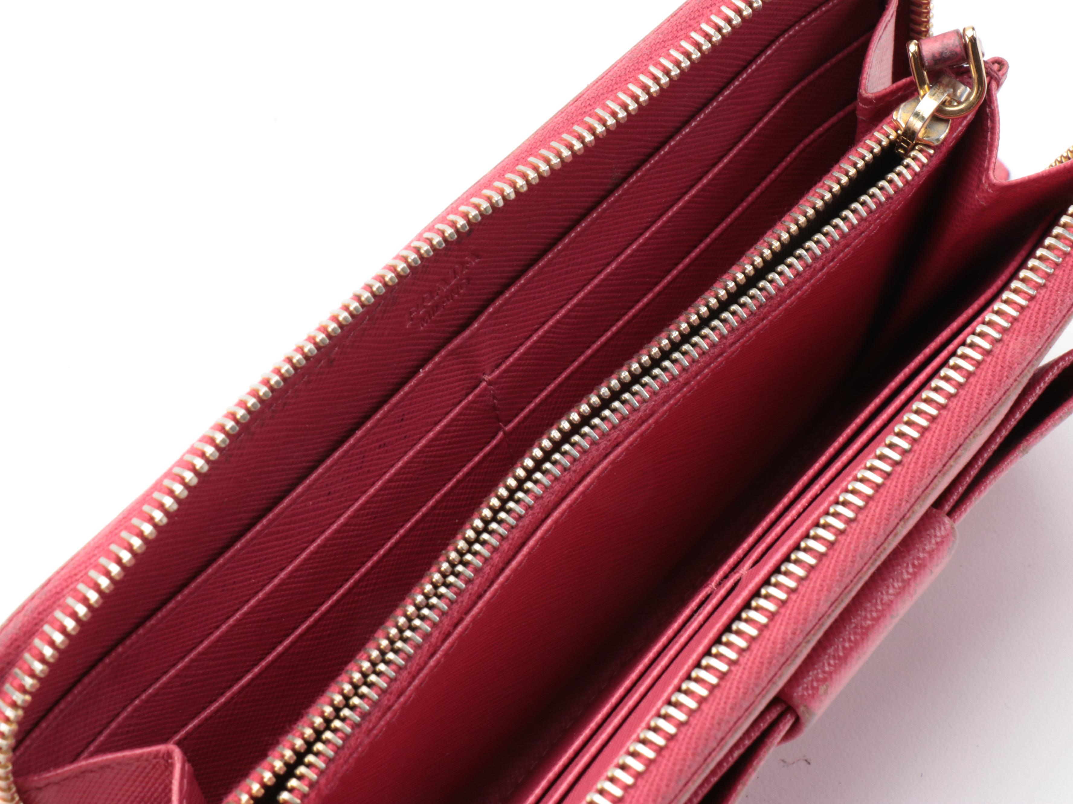 Prada Pink Saffiano Leather Bow Accented Zip Wallet