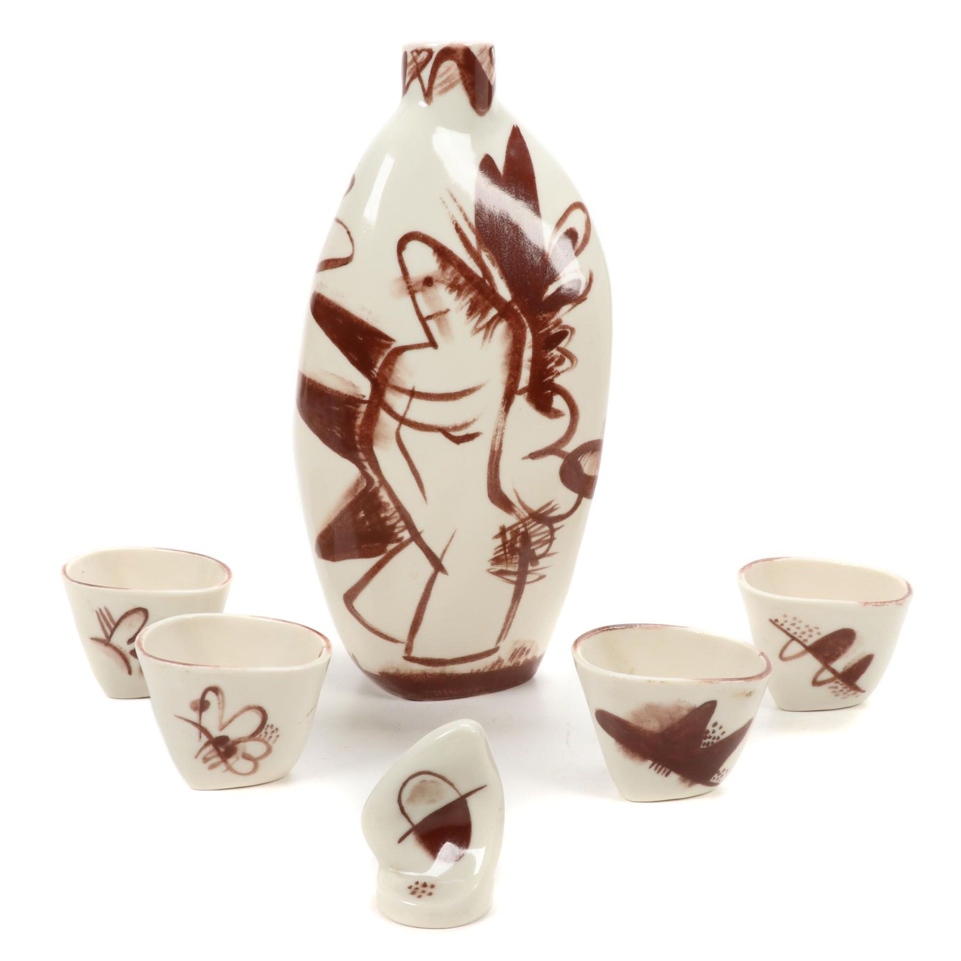 Paul Bogatay Studio Pottery Saki Bottle and Cups, Mid-20th Century