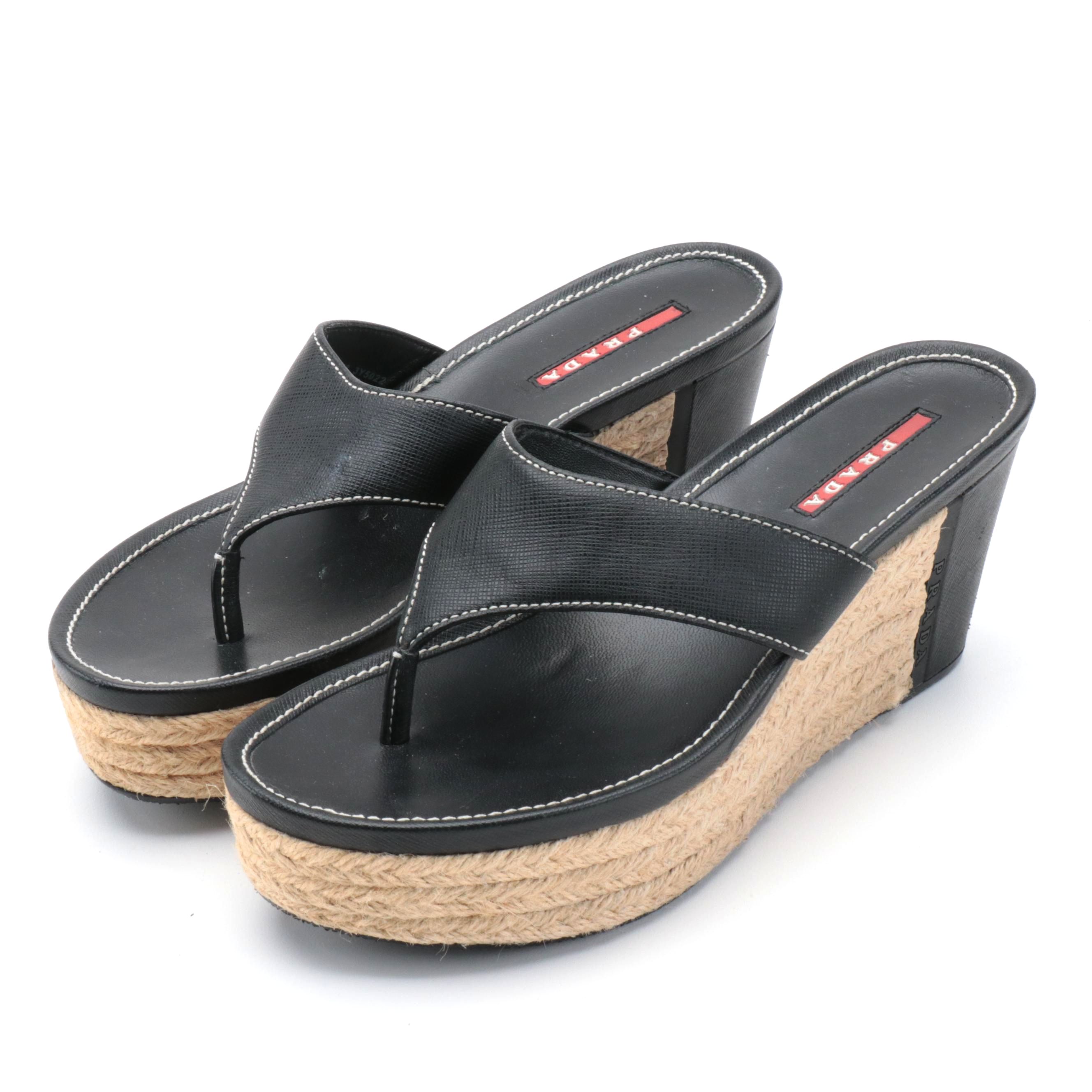Prada Sport Espadrille Wedge Sandals in Black Saffiano Leather