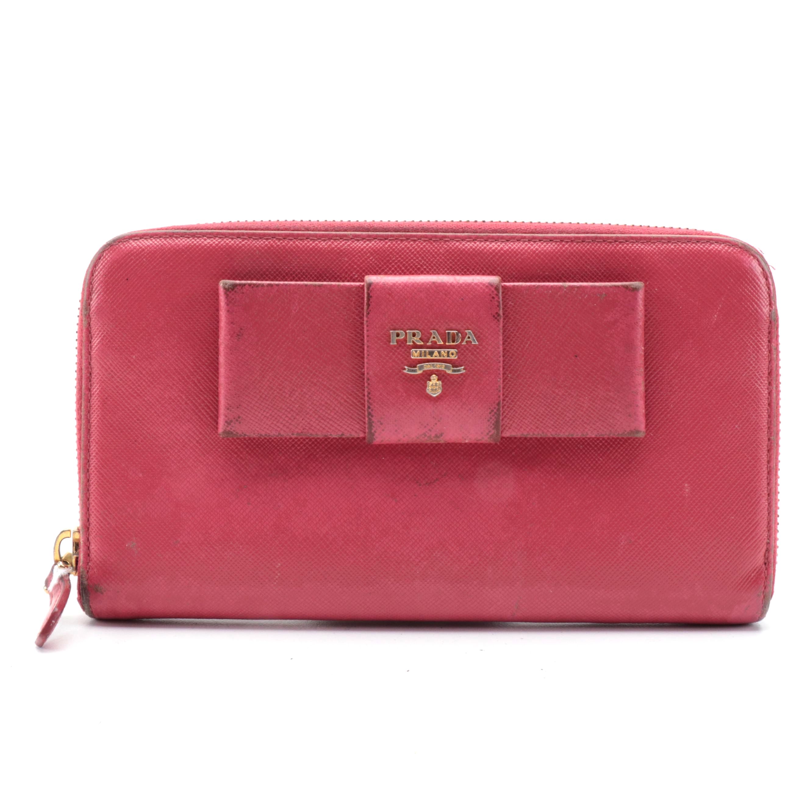 Prada Pink Saffiano Leather Bow Accented Zip Wallet