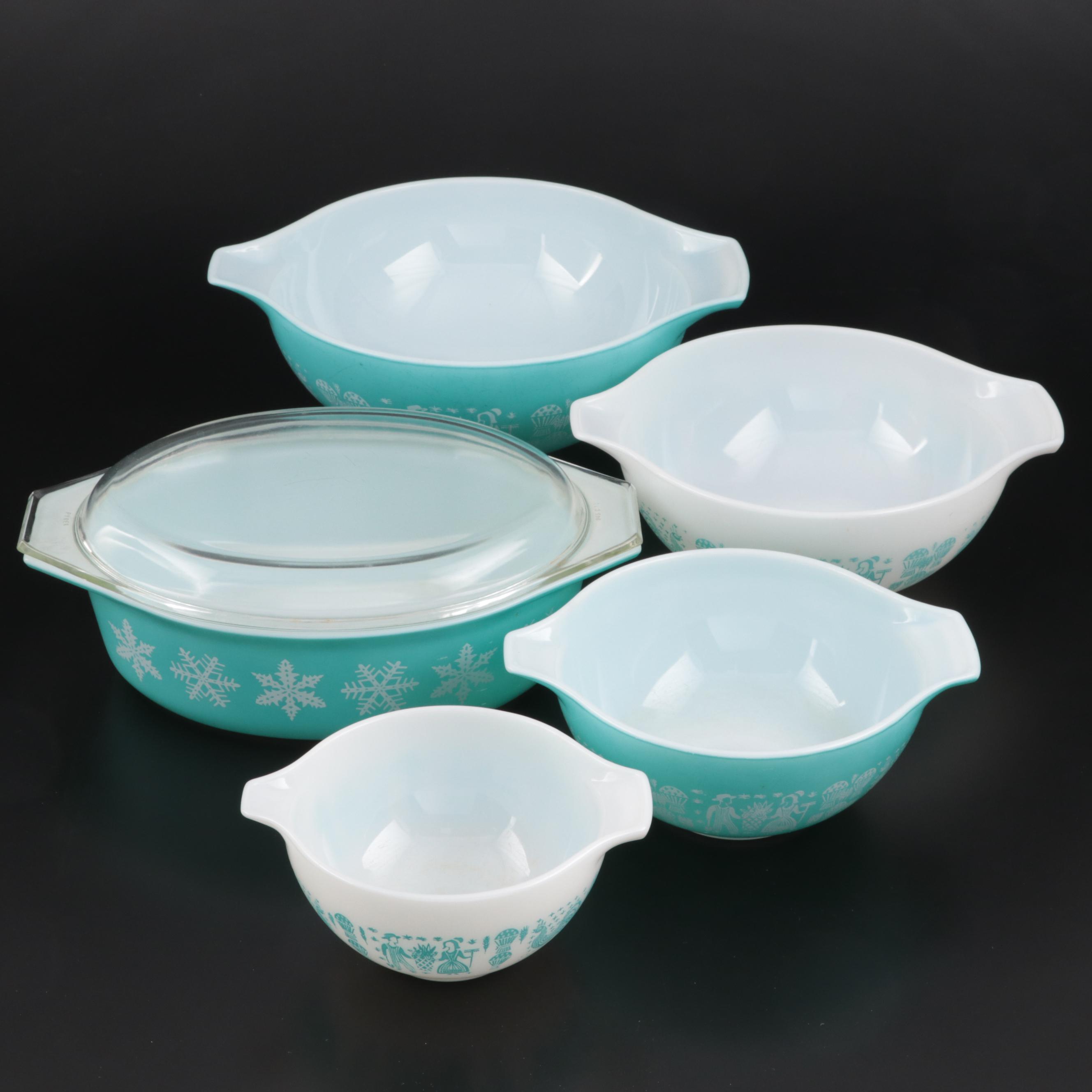Pyrex "Butterprint" Cinderella Bowls with "Snowflake" Casserole Dish