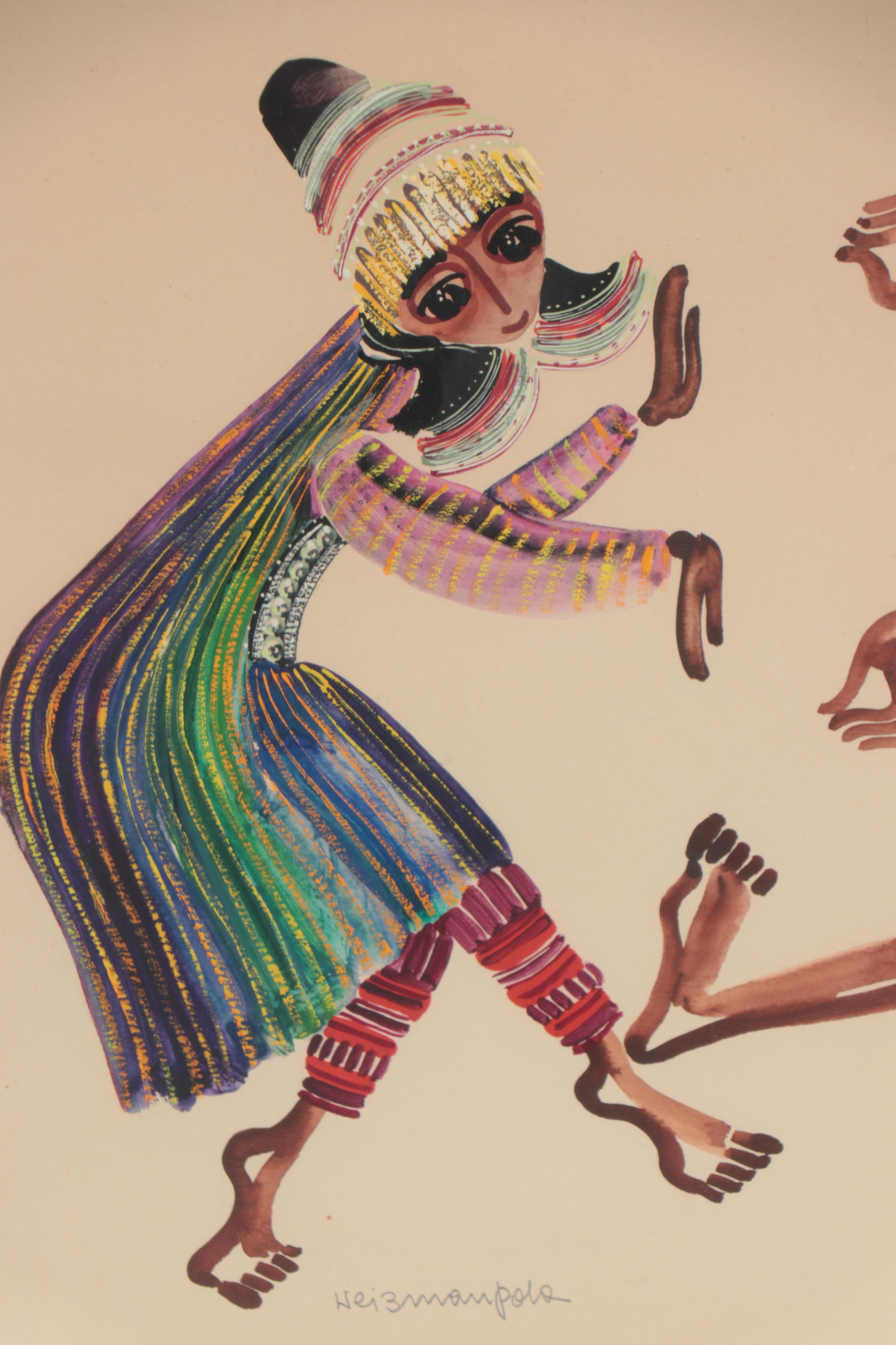 Pola Weizman Watercolor Painting of Yemenite Couple Dancing